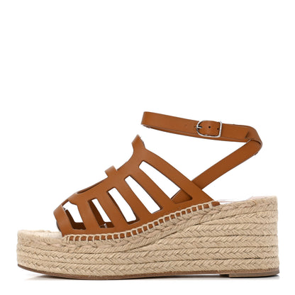 Hermes Calfskin Catalya Espadrille Wedge Sandals 38 Beige Dore 1 of 9