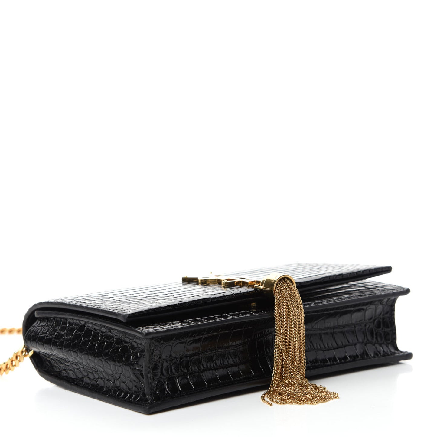 Calfskin Crocodile Embossed Kate Monogram Tassel Chain Wallet Black