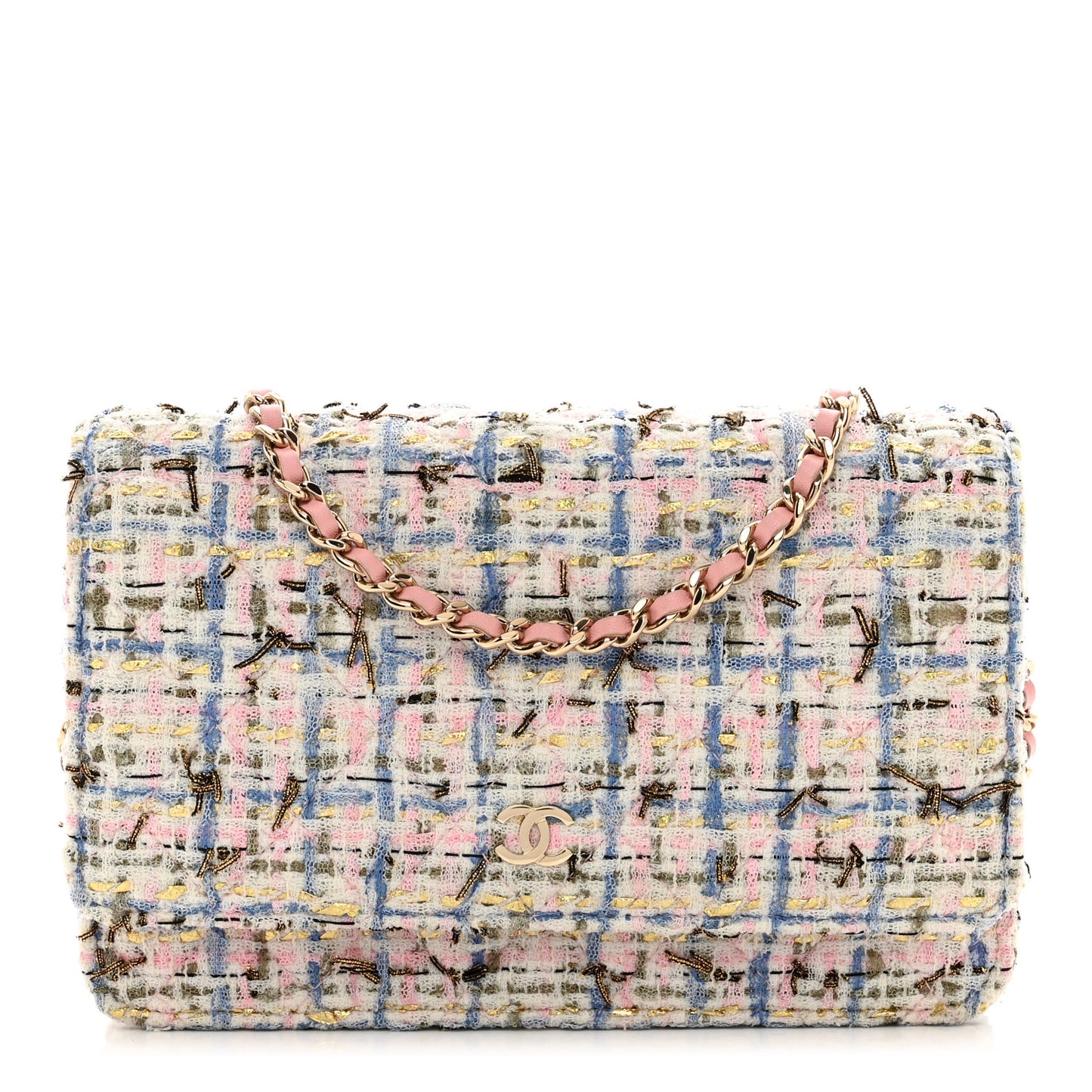 Tweed Quilted Wallet On Chain WOC Blue Pink Gold
