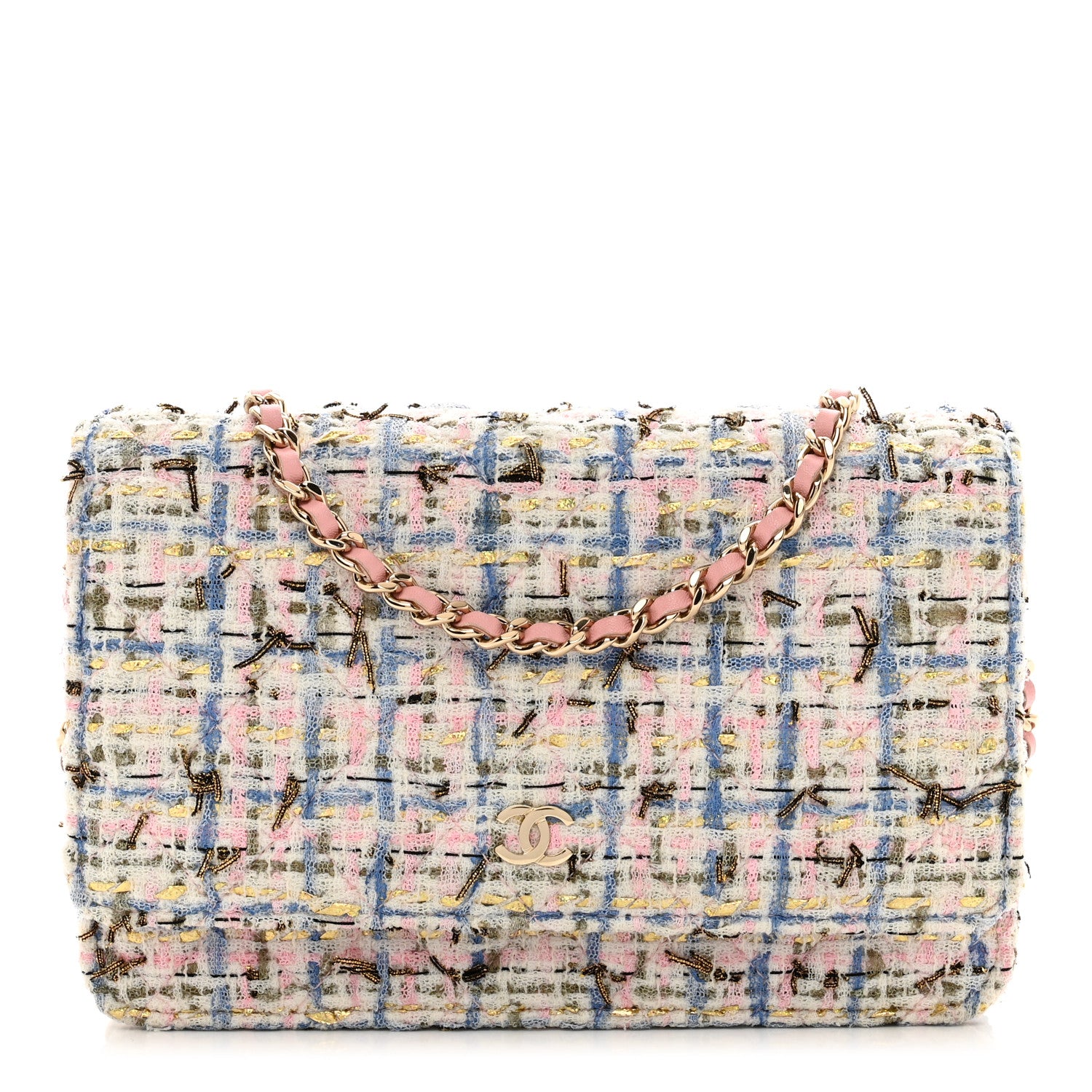 Chanel Tweed Quilted Wallet On Chain WOC Blue Pink Gold 1 of 11