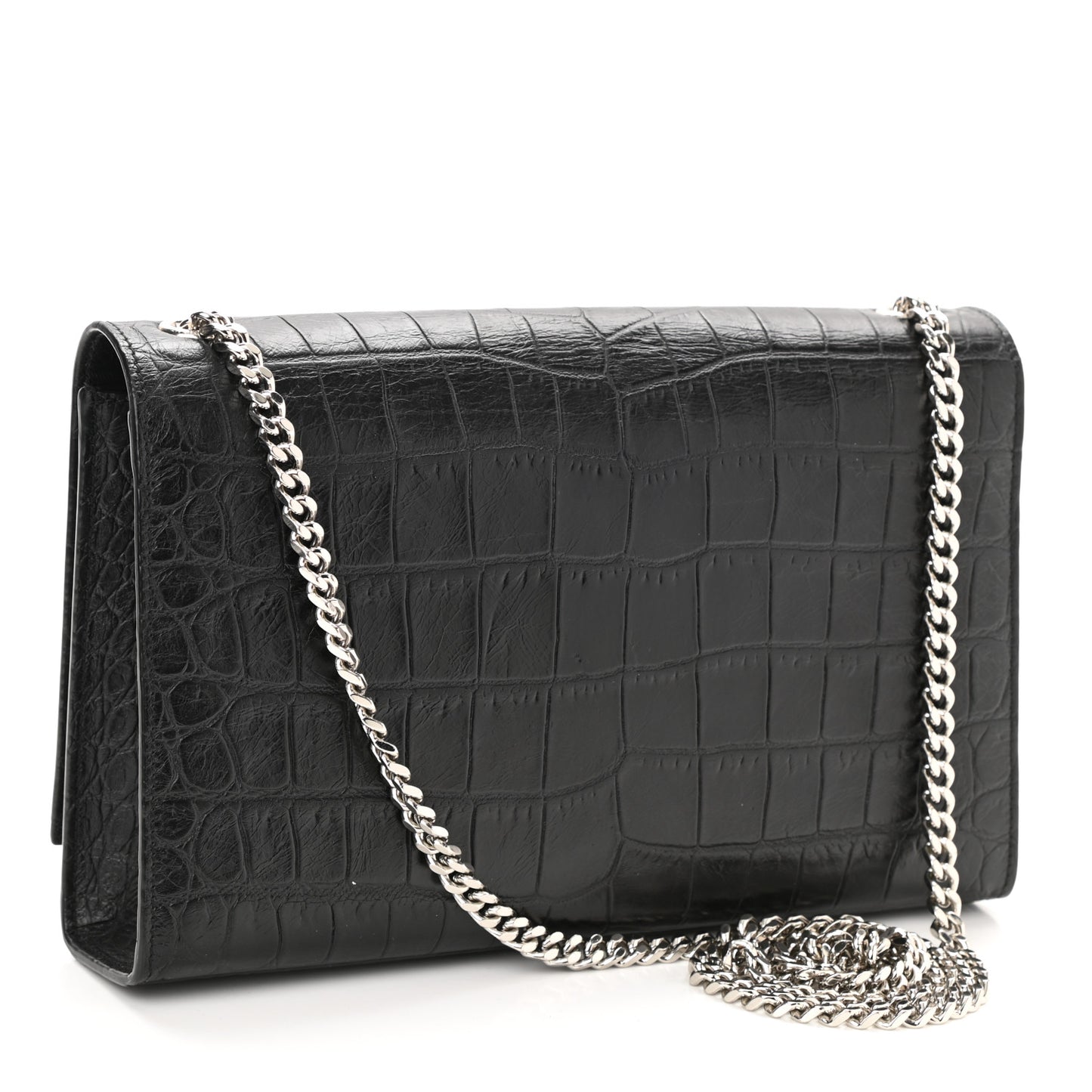 Calfskin Crocodile Embossed Medium Classic Monogram Kate Tassel Satchel Black