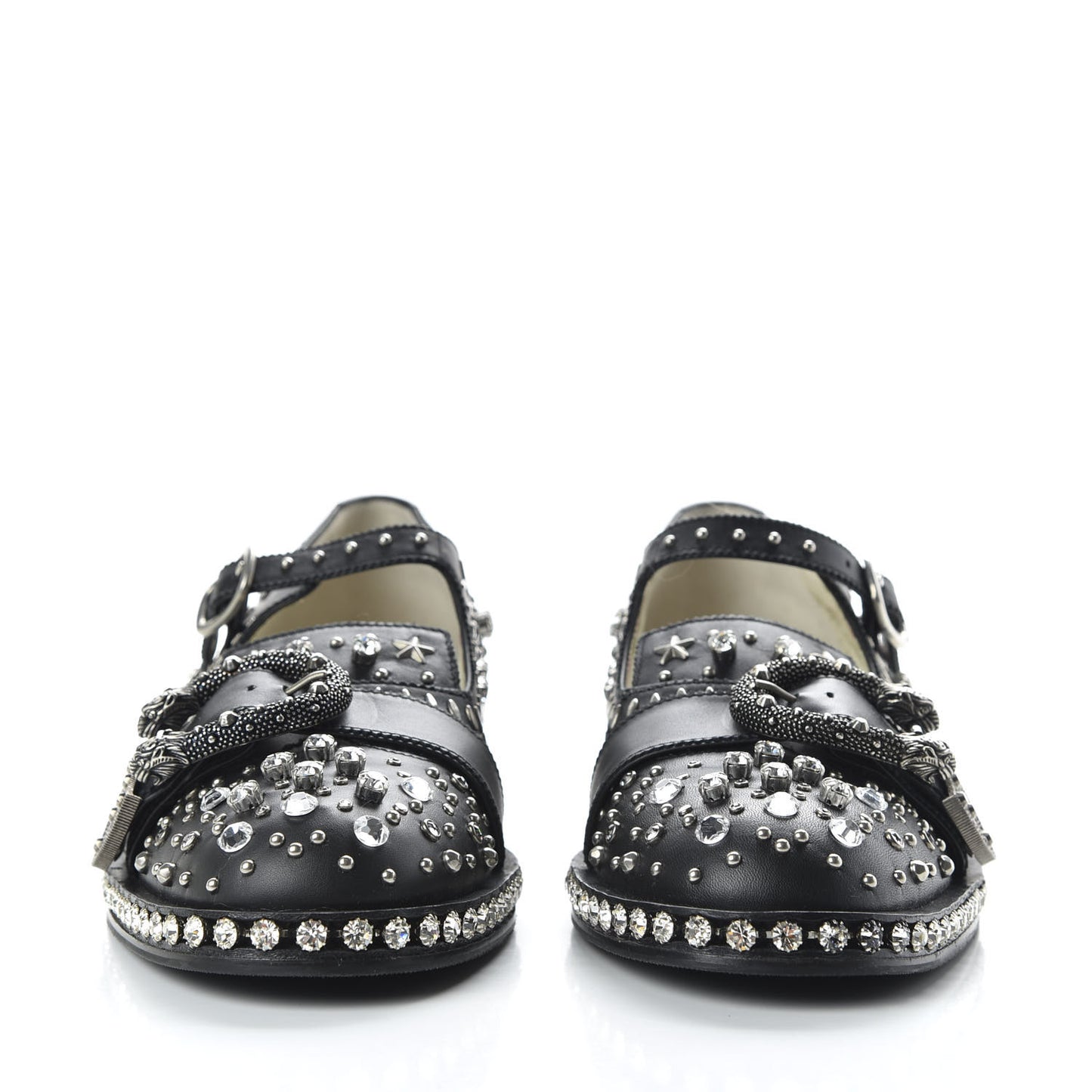 Calfskin Crystal Studded Womens Queercore Brogue Monk Strap Loafers 40 Black