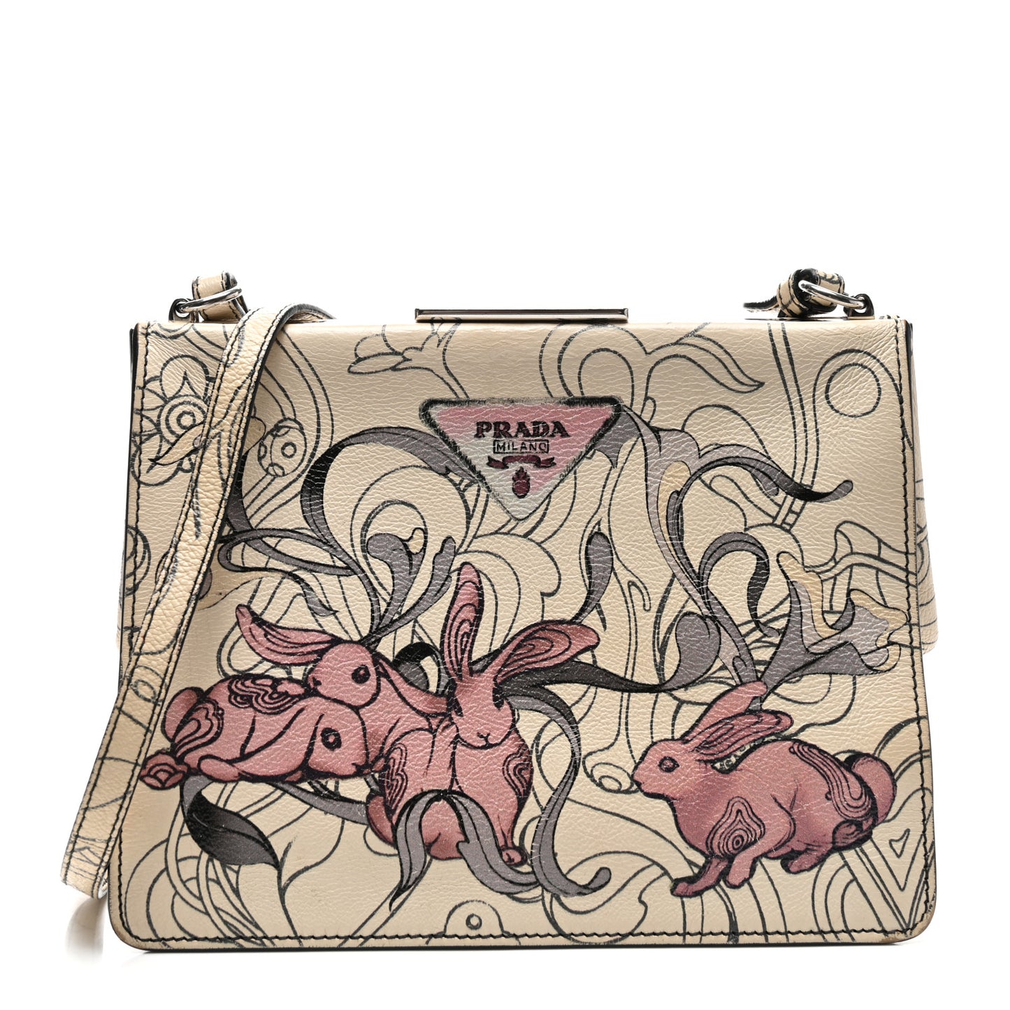 X JAMES JEAN Glace Calfskin Rabbit Print Shoulder Bag Opaline