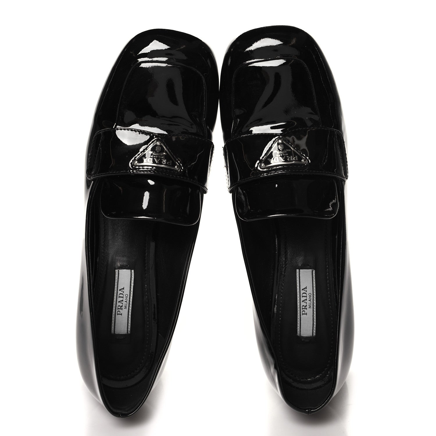 Prada Patent Metal Triangle Logo 50mm Loafers 38.5 Black 2 of 8
