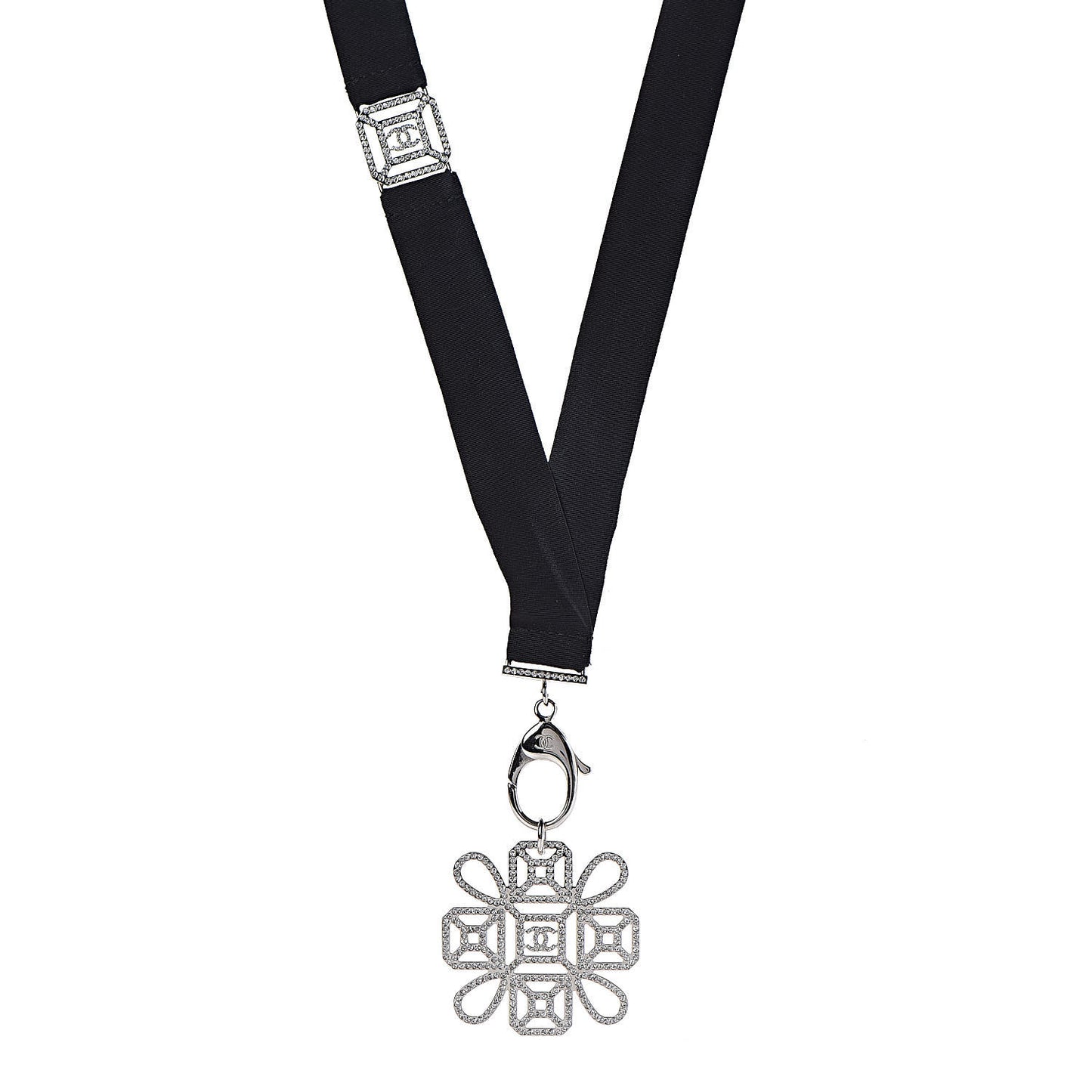 Crystal CC Cross Lanyard Necklace Black Silver