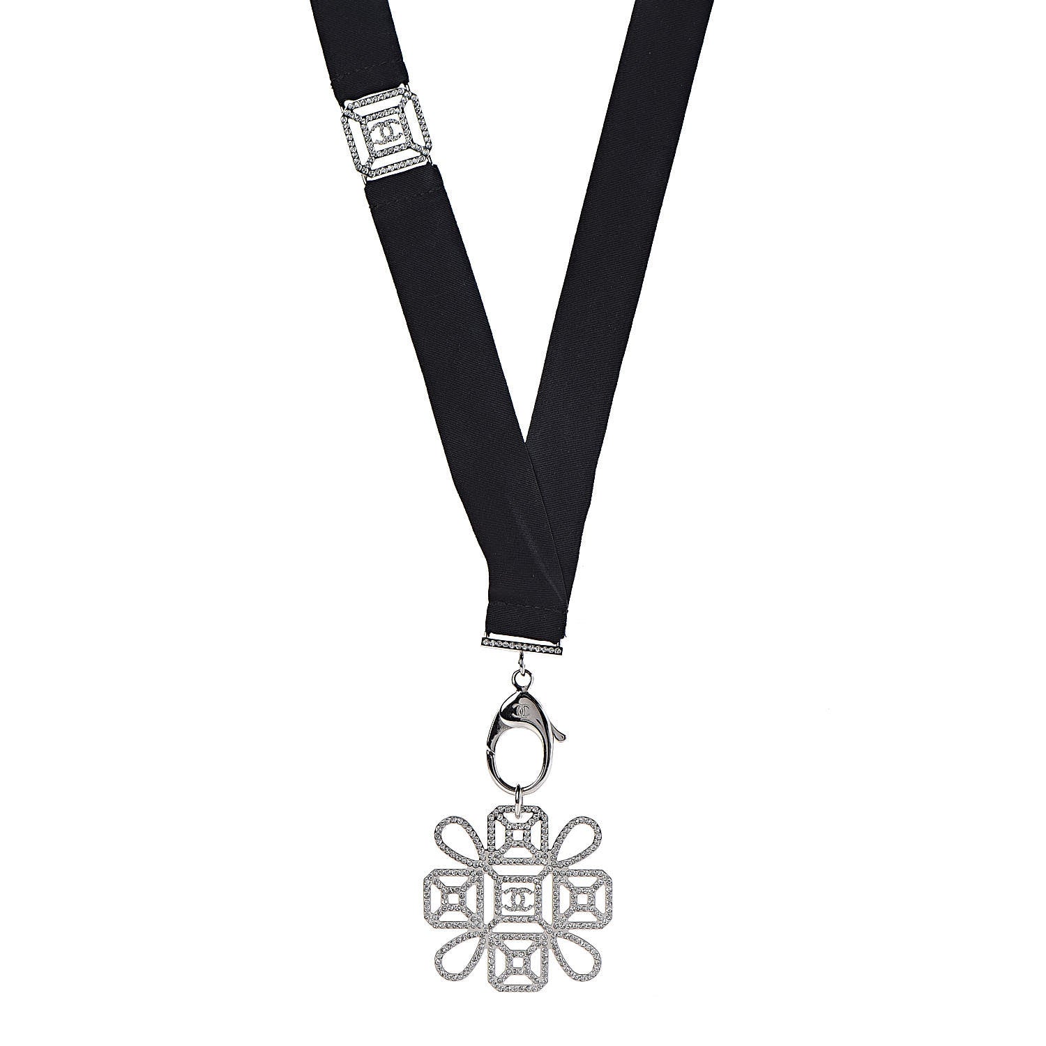 Chanel Crystal CC Cross Lanyard Necklace Black Silver 1 of 6