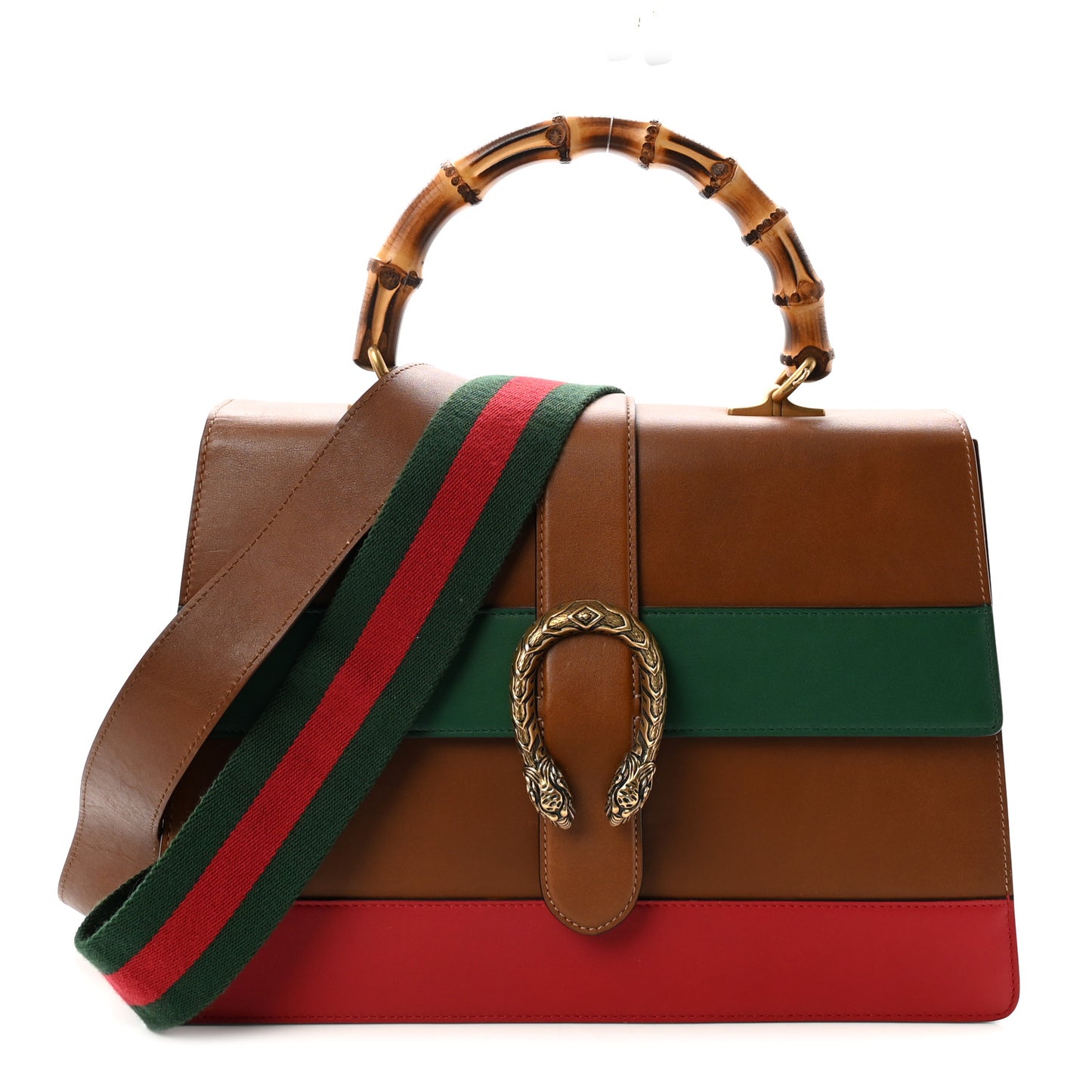 Moon Calfskin Web Large Dionysus Bamboo Top Handle Bag Cuir Bright Evergreen Hibiscus Red