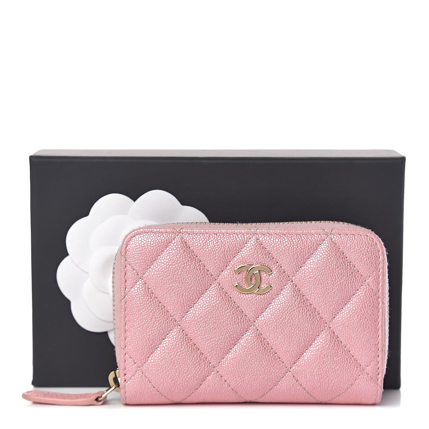 Iridescent Caviar Quilted Zip Coin Purse Pink