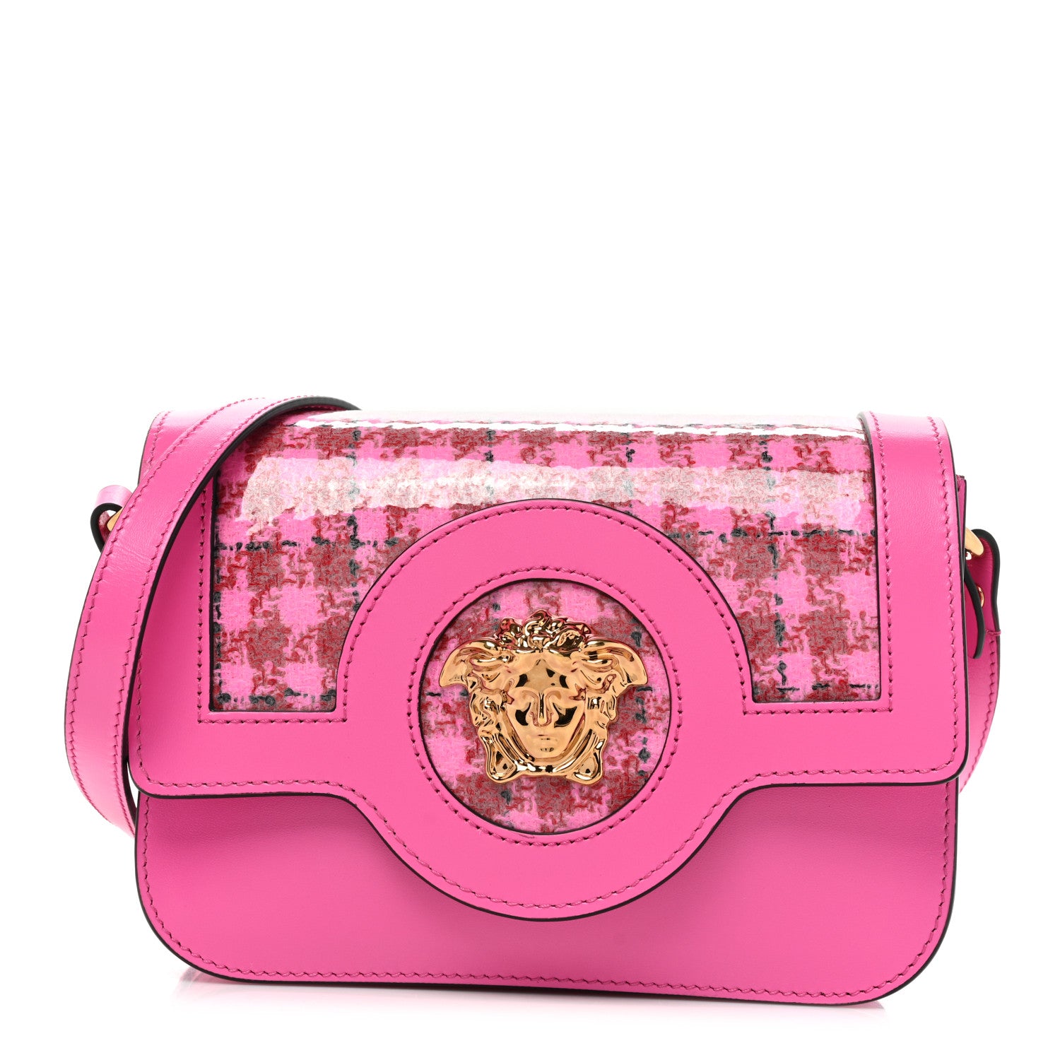 Versace Calfskin Vinyl Small Houndstooth La Medusa Crossbody Bag Pink Multicolor 1 of 13