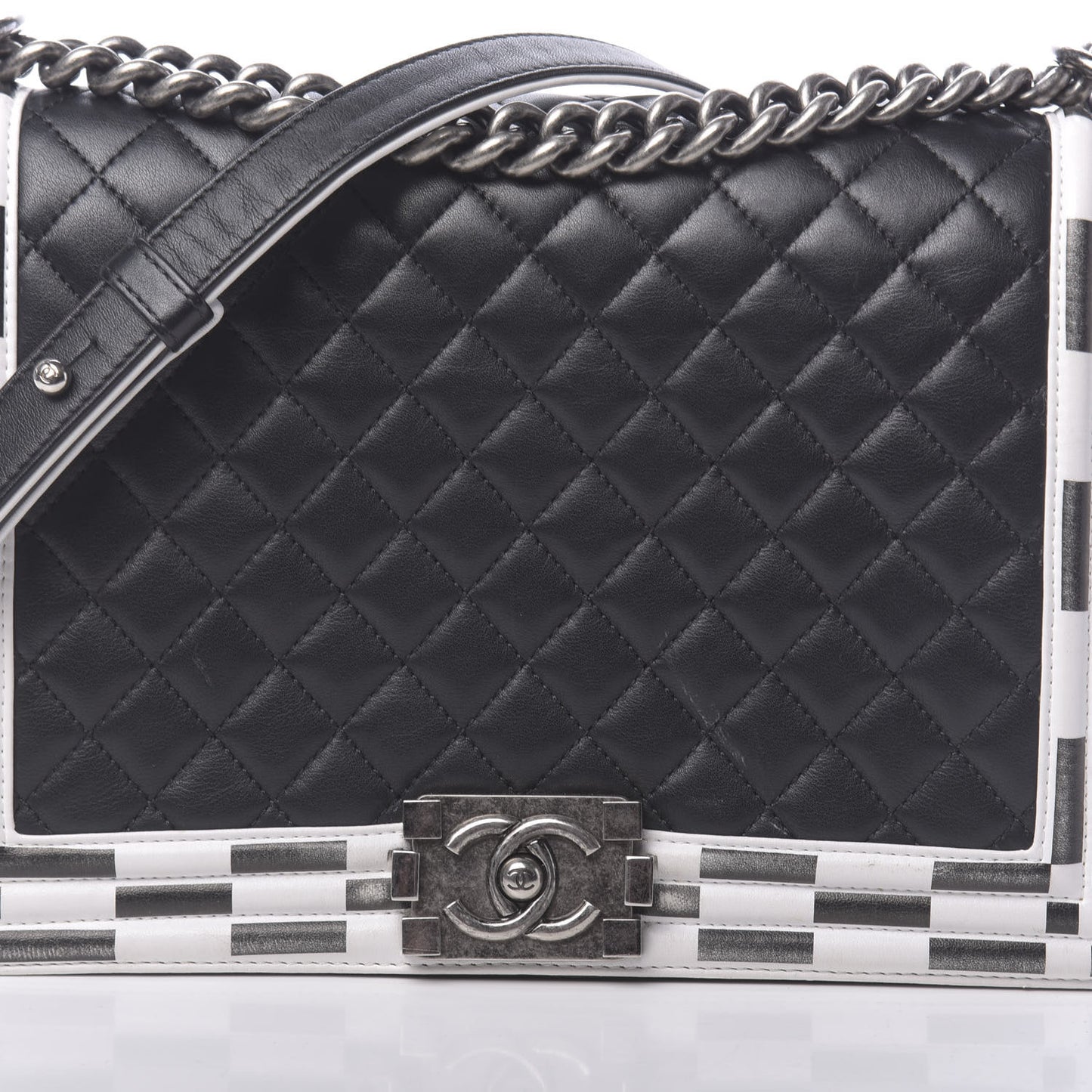 Calfskin Quilted Checkerboard Trim New Medium Boy Flap Black White