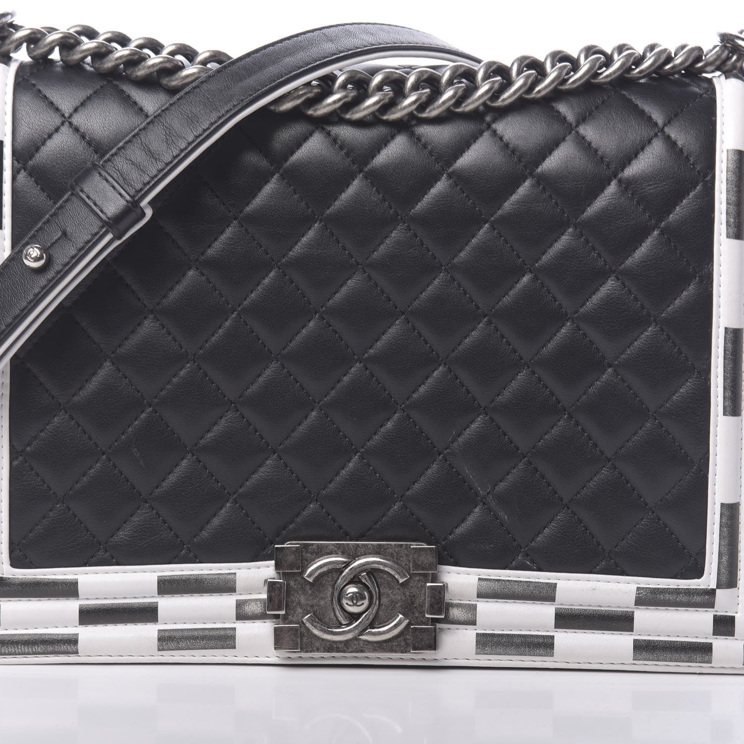 Chanel Calfskin Quilted Checkerboard Trim New Medium Boy Flap Black White 12 of 12