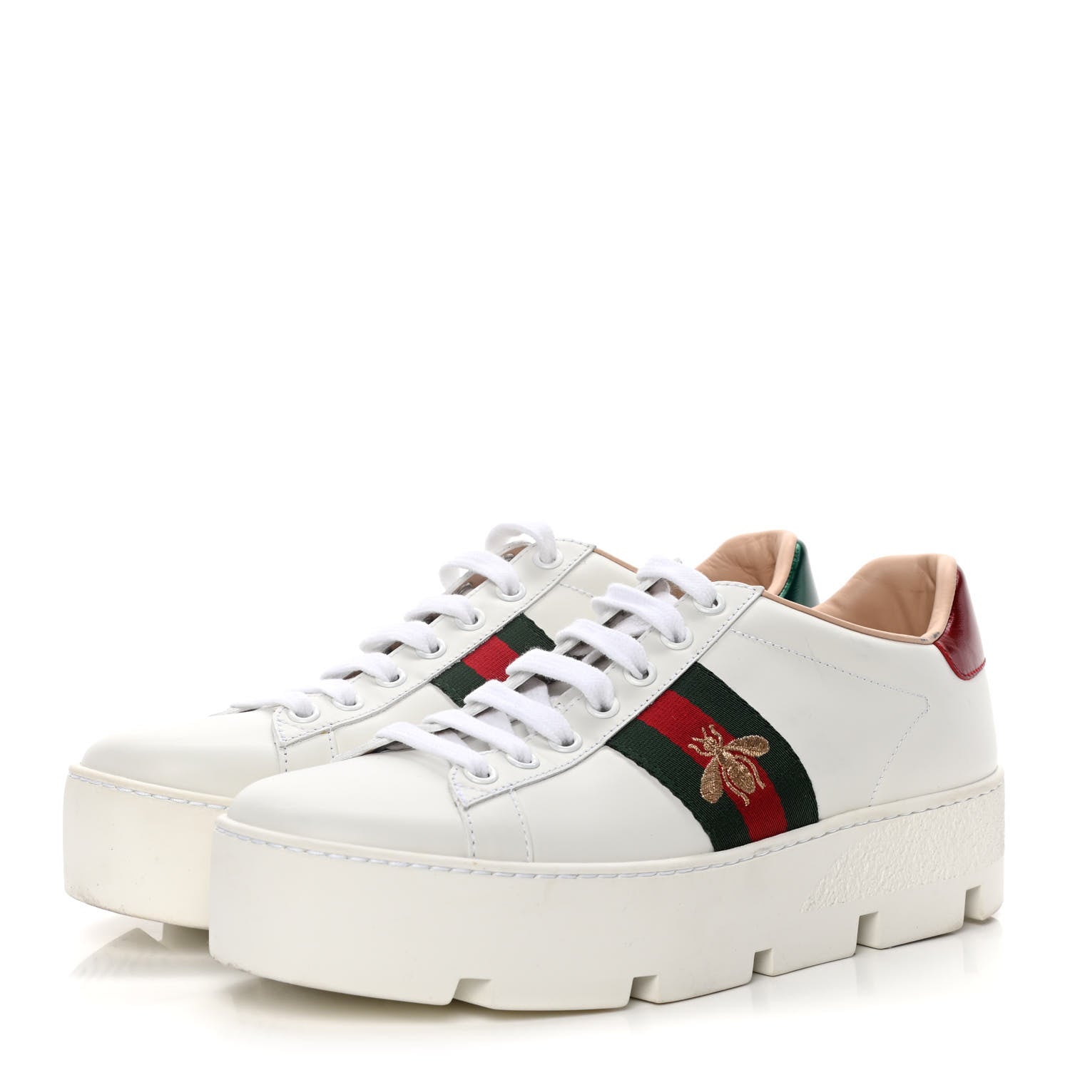 Gucci Calfskin Web Bee Embroidered Womens Ace Platform Sneakers 37.5 White 3 of 11