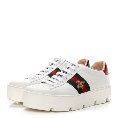 Gucci Calfskin Web Bee Embroidered Womens Ace Platform Sneakers 37.5 White 3 of 11