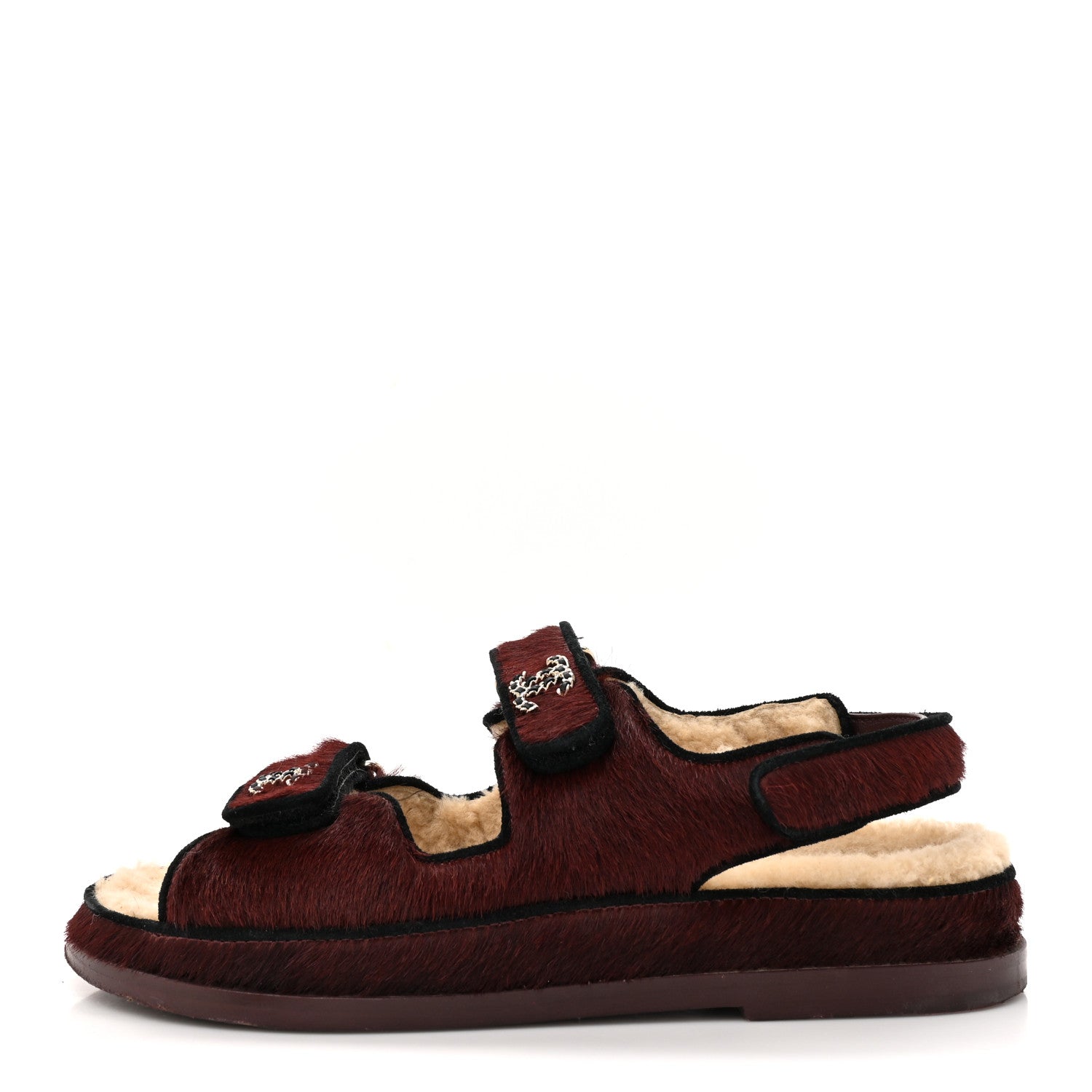 Chanel Calf Hair Suede Shearling Dad Sandals 38 Burgundy Black 1 of 11