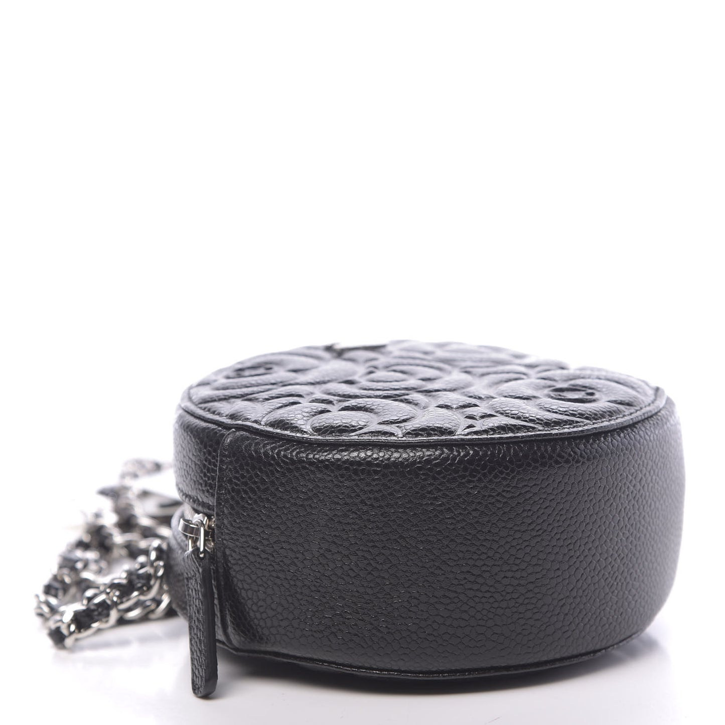 Caviar Camellia Embossed Round Clutch With Chain Black