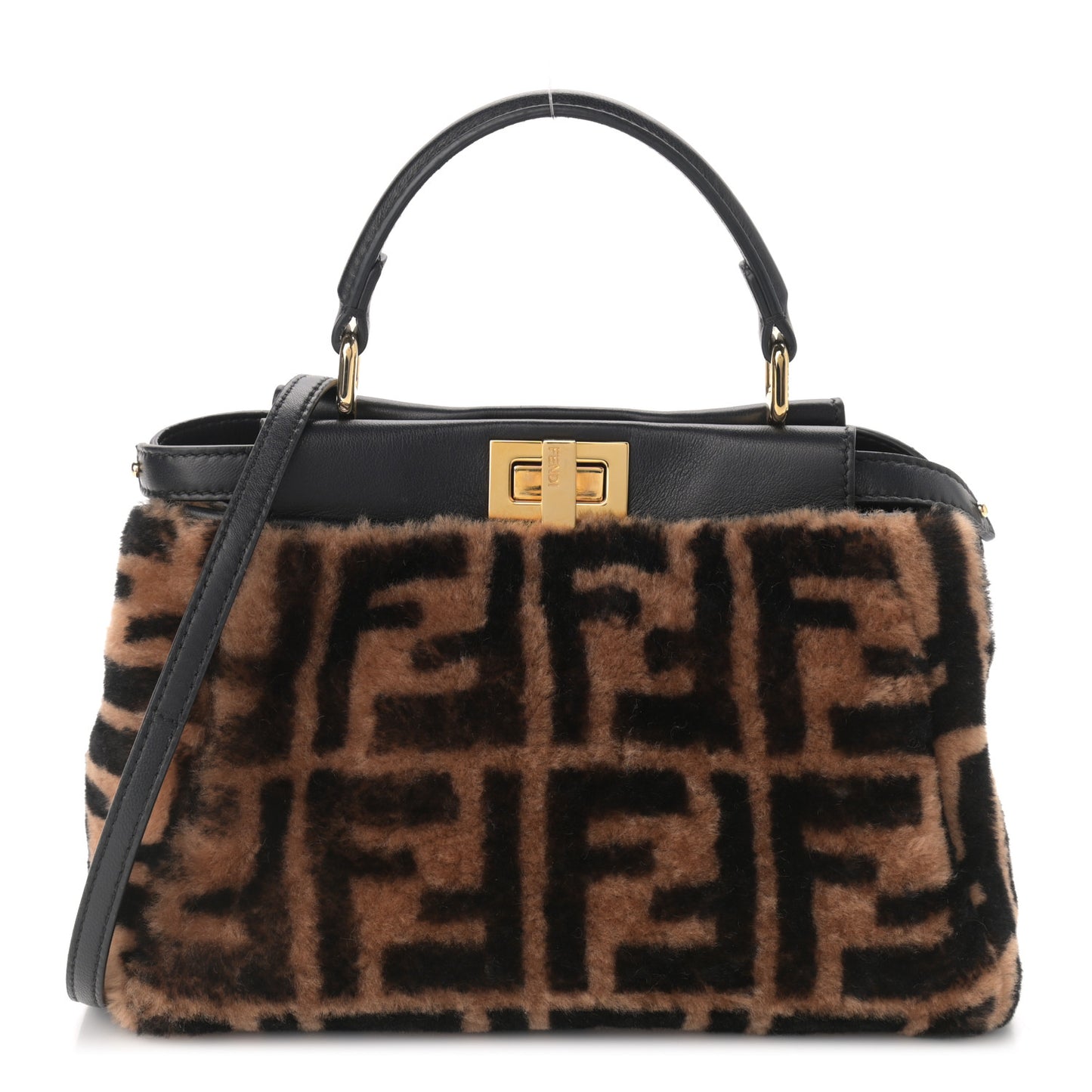 Shearling Nappa Macro FF 1974 Mini Peekaboo Iconic Satchel Tobacco Black