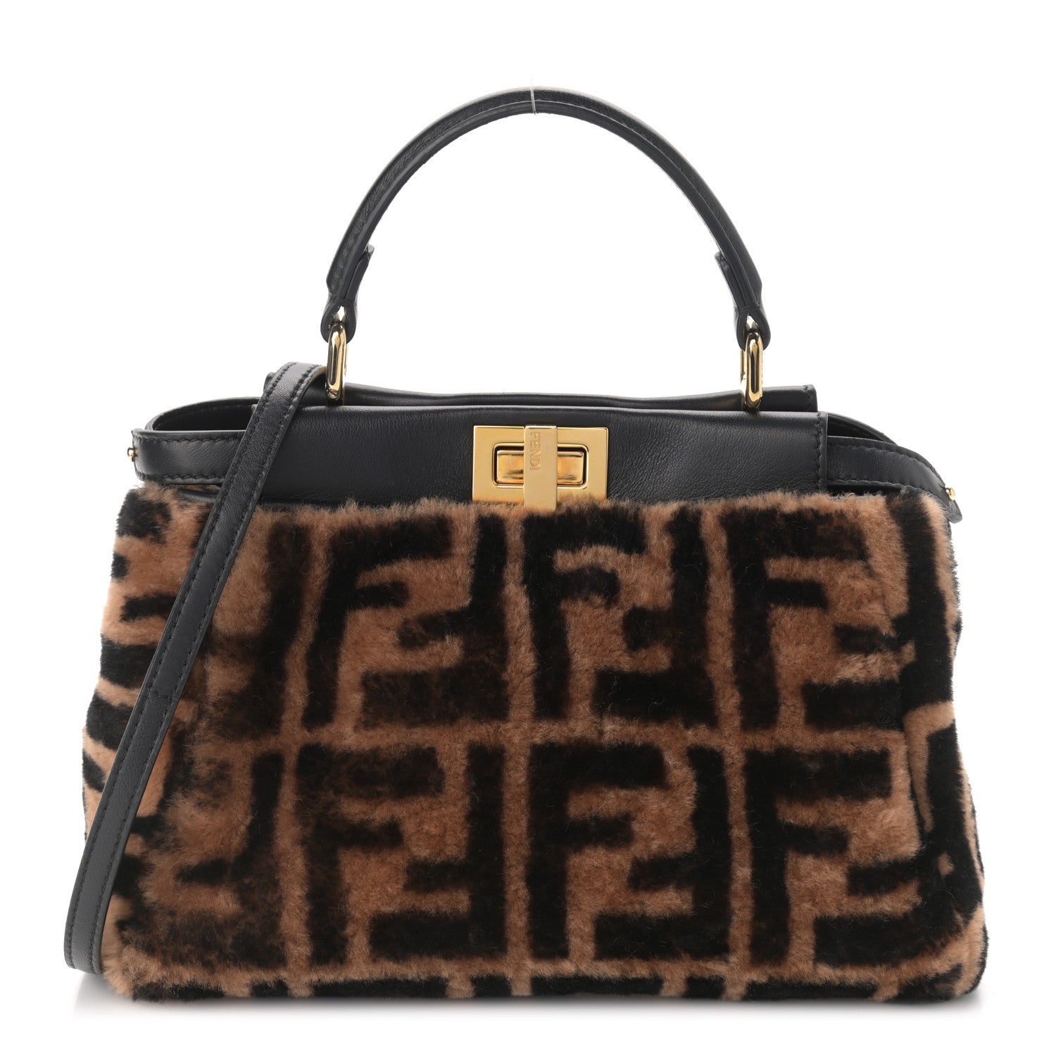 Fendi Shearling Nappa Macro FF 1974 Mini Peekaboo Iconic Satchel Tobacco Black 1 of 11