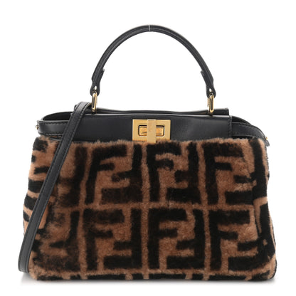 Fendi Shearling Nappa Macro FF 1974 Mini Peekaboo Iconic Satchel Tobacco Black 1 of 11