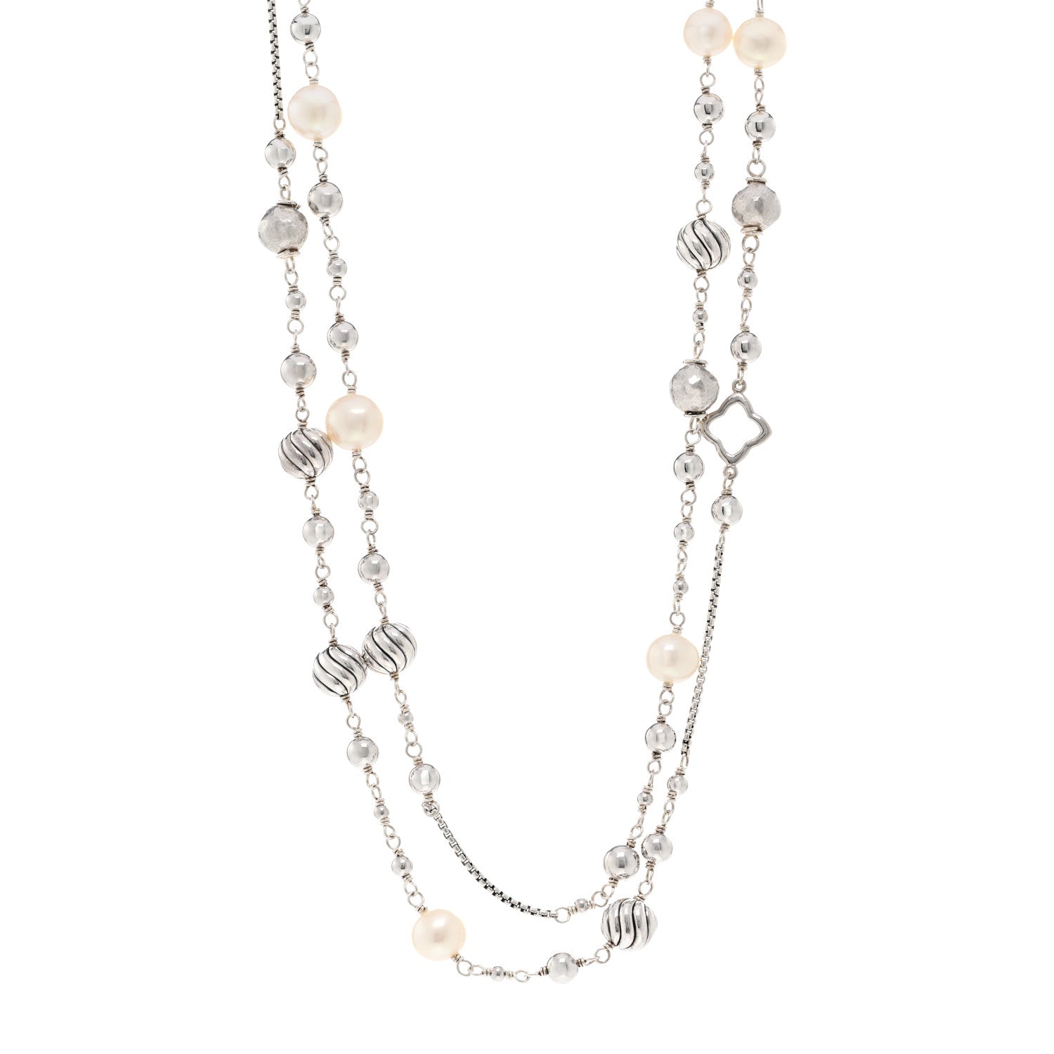 David Yurman Sterling Silver Freshwater Cultured Pearl Quatrefoil Long Chain Necklace 1 of 4