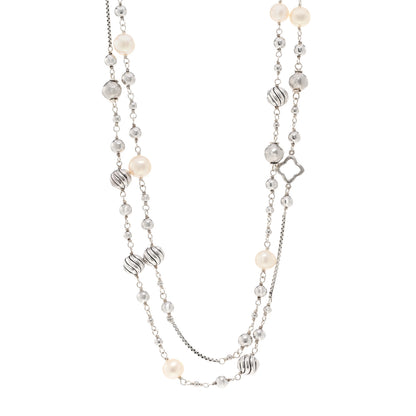 David Yurman Sterling Silver Freshwater Cultured Pearl Quatrefoil Long Chain Necklace 1 of 4