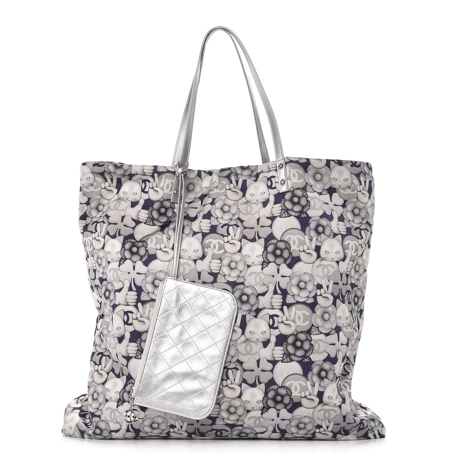 Nylon Cat Emoticon Tote Navy Silver