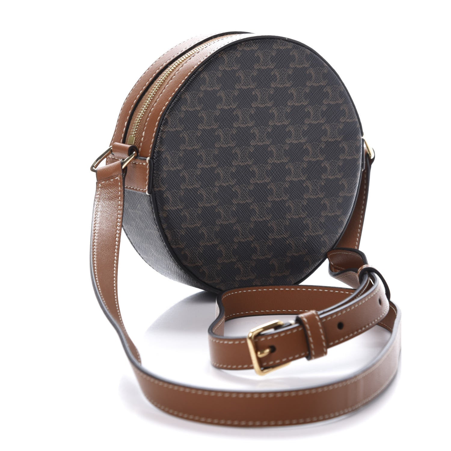 Celine Lambskin Triomphe Canvas Round Purse On Strap Black Tan 3 of 9