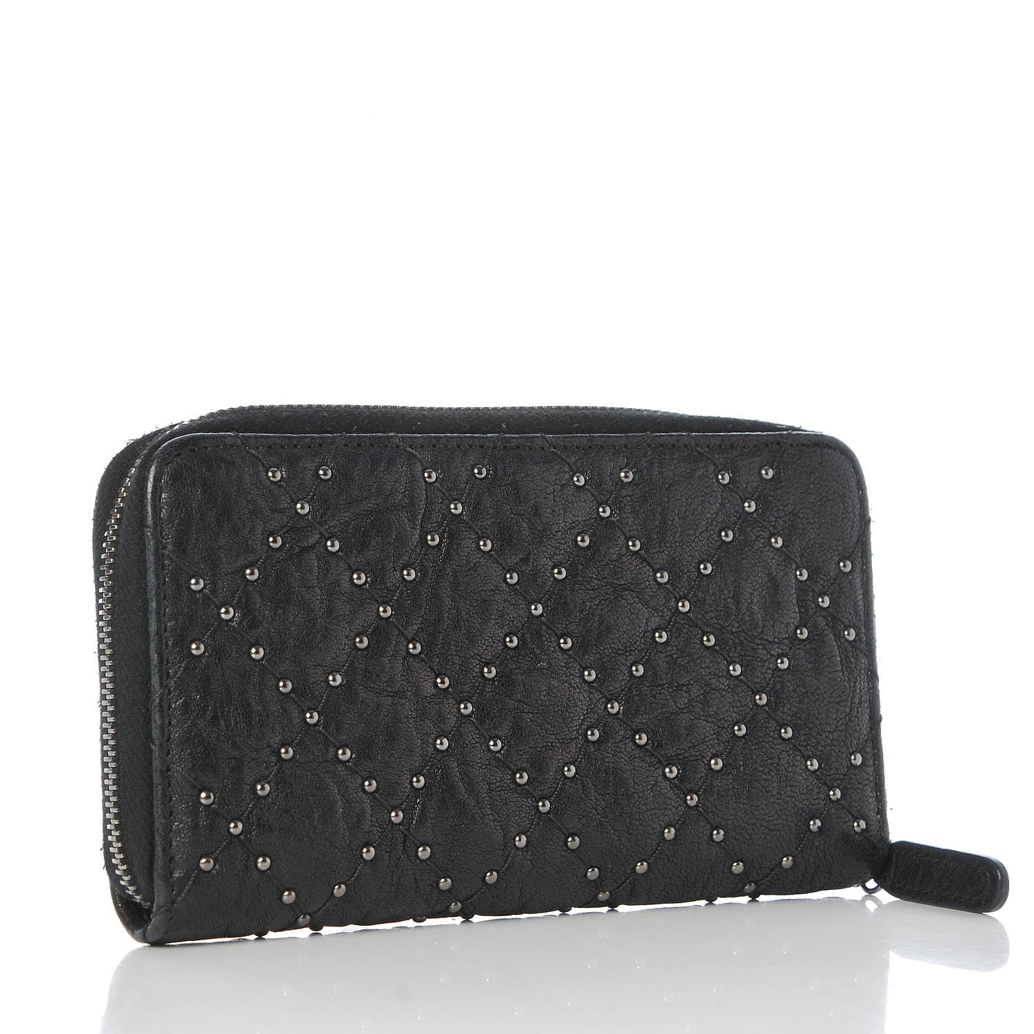 Chanel Crumpled Lambskin Studded Paris Dallas Zip Around Wallet Black 3 of 8