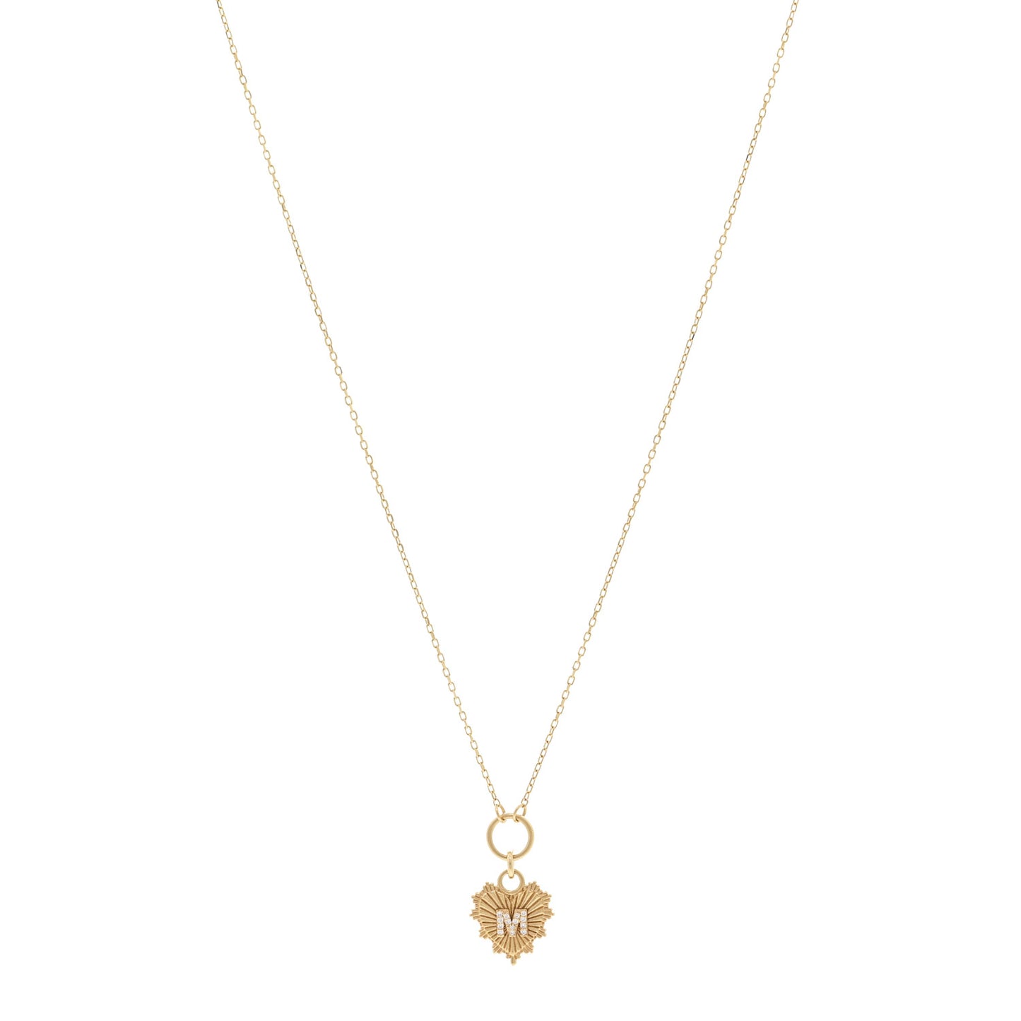 18K Yellow Gold Diamond Initial M Miniature Heart Drop Pendant Necklace