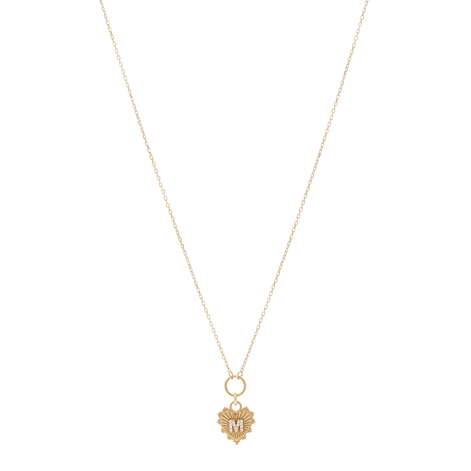 Foundrae 18K Yellow Gold Diamond Initial M Miniature Heart Drop Pendant Necklace 1 of 6