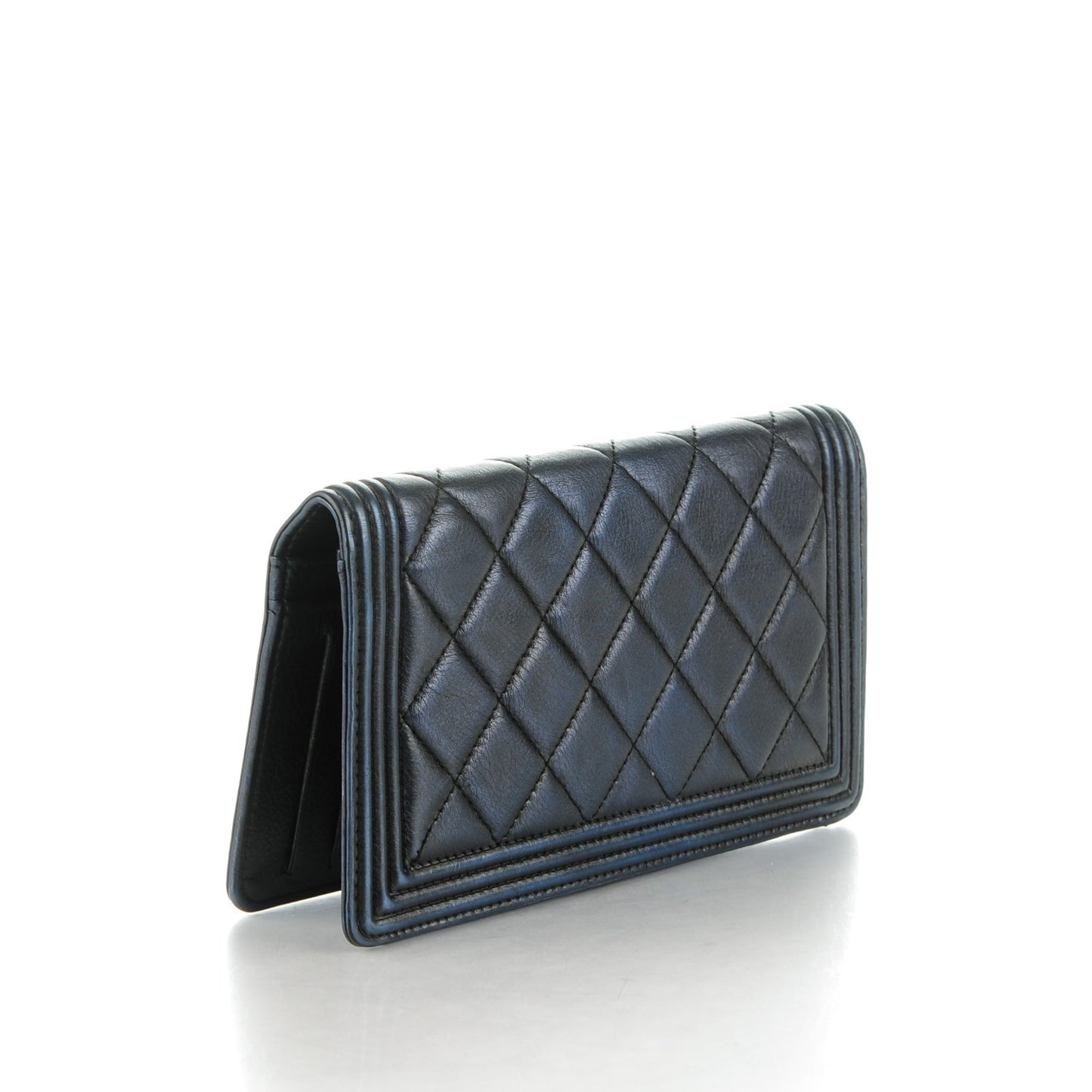 Lambskin Quilted Boy Yen Wallet Navy Blue Pearl