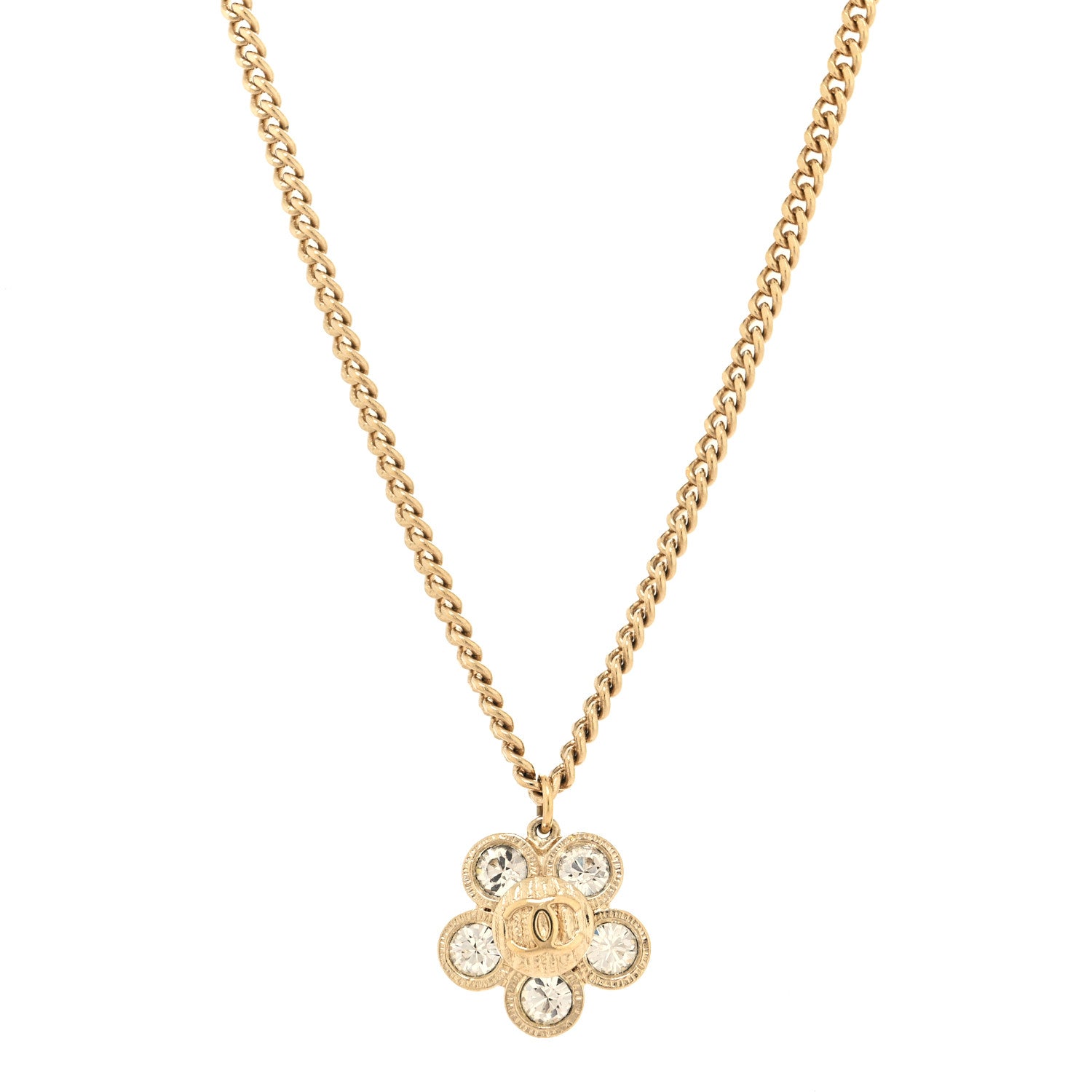 Chanel Crystal CC Flower Pendant Necklace Gold 1 of 5