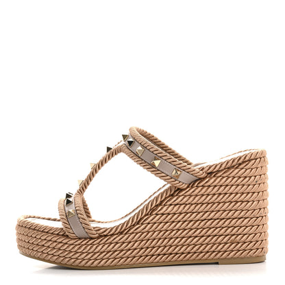 Valentino Garavani Calfskin Rockstud Torchon Espadrille Caged 25/95mm Wedge Sandals 39 Poudre 1 of 8