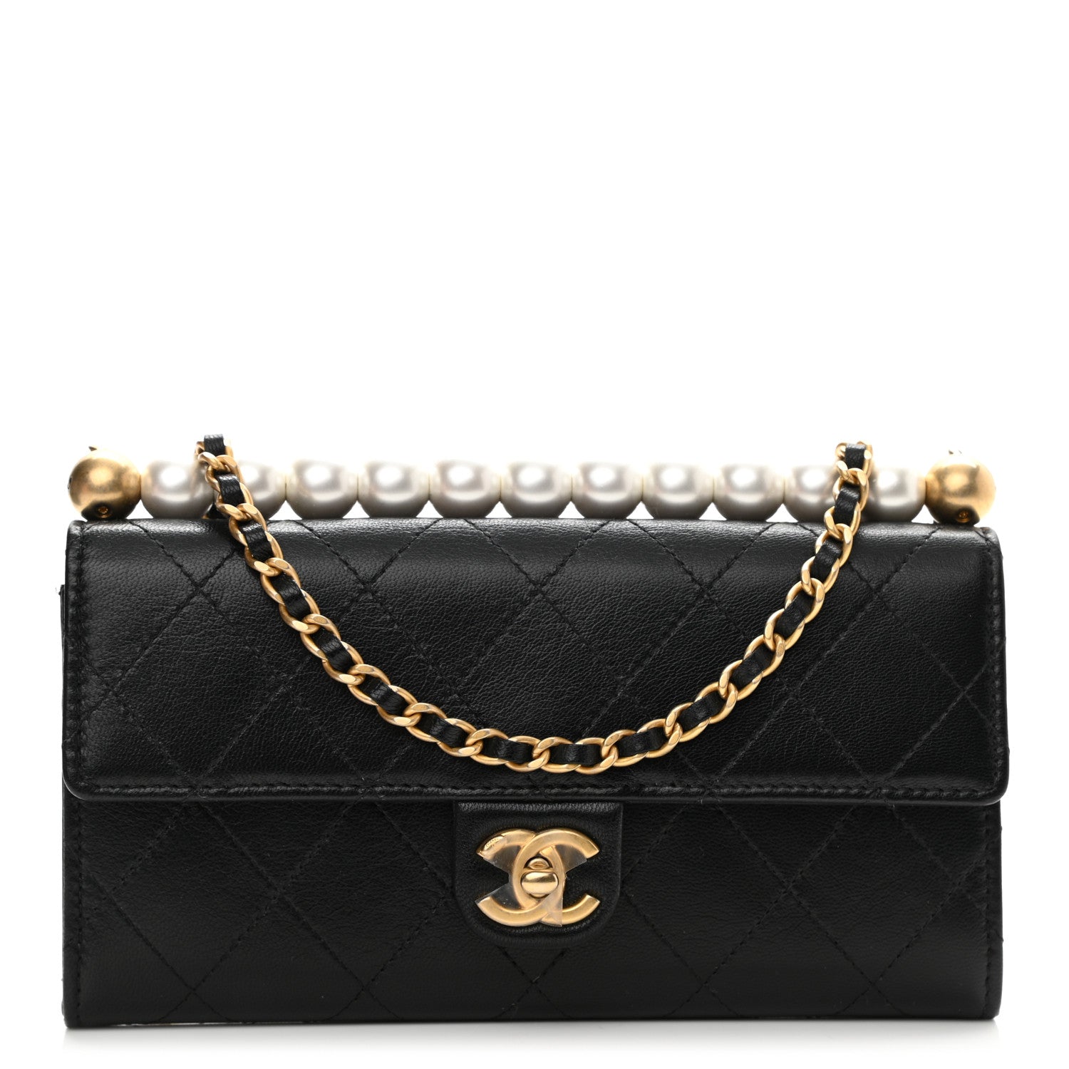 Chanel Goatskin Quilted Chic Pearls Clutch With Chain Black 1 of 10