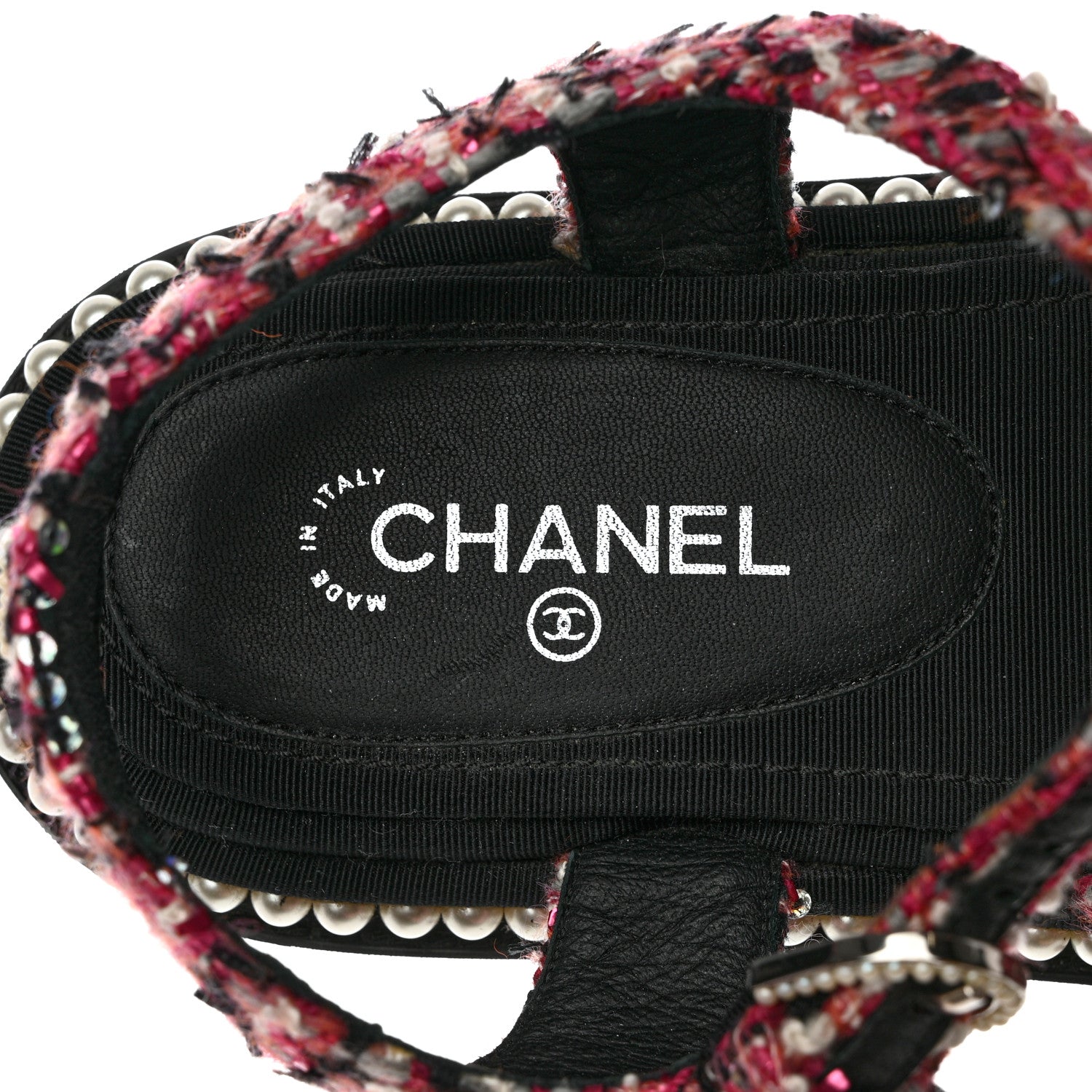 Chanel Tweed Pearl Flat Sandals 37.5 Red Black 7 of 10