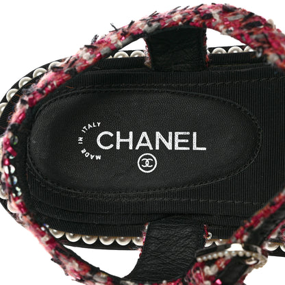 Chanel Tweed Pearl Flat Sandals 37.5 Red Black 7 of 10