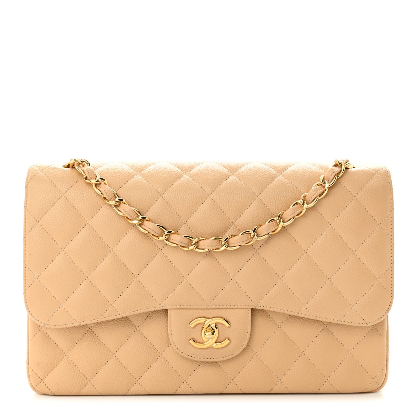 Caviar Quilted Jumbo Double Flap Beige
