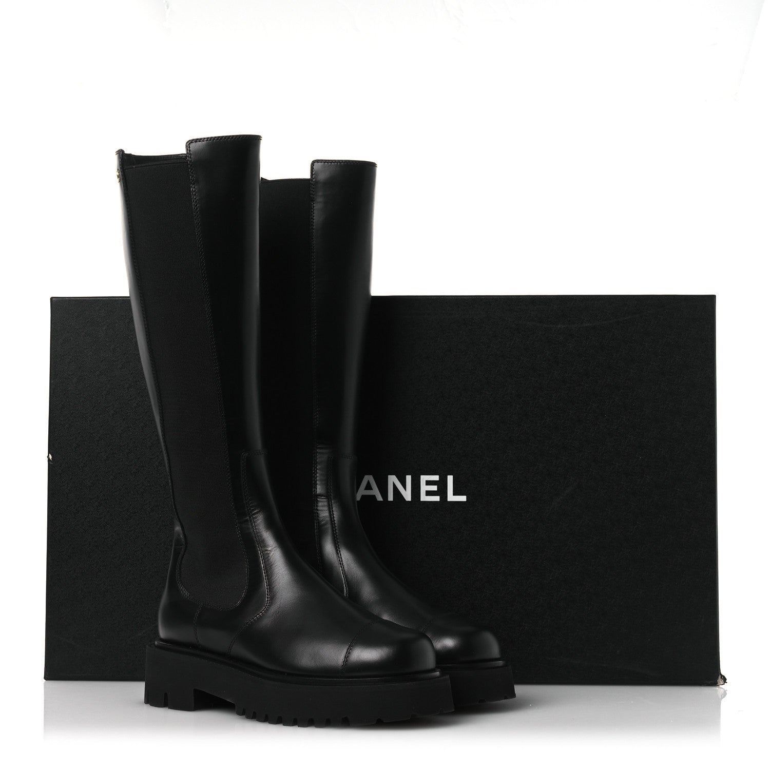 Chanel Calfskin Cap Toe CC Tall Boots 37.5 Black 1839455