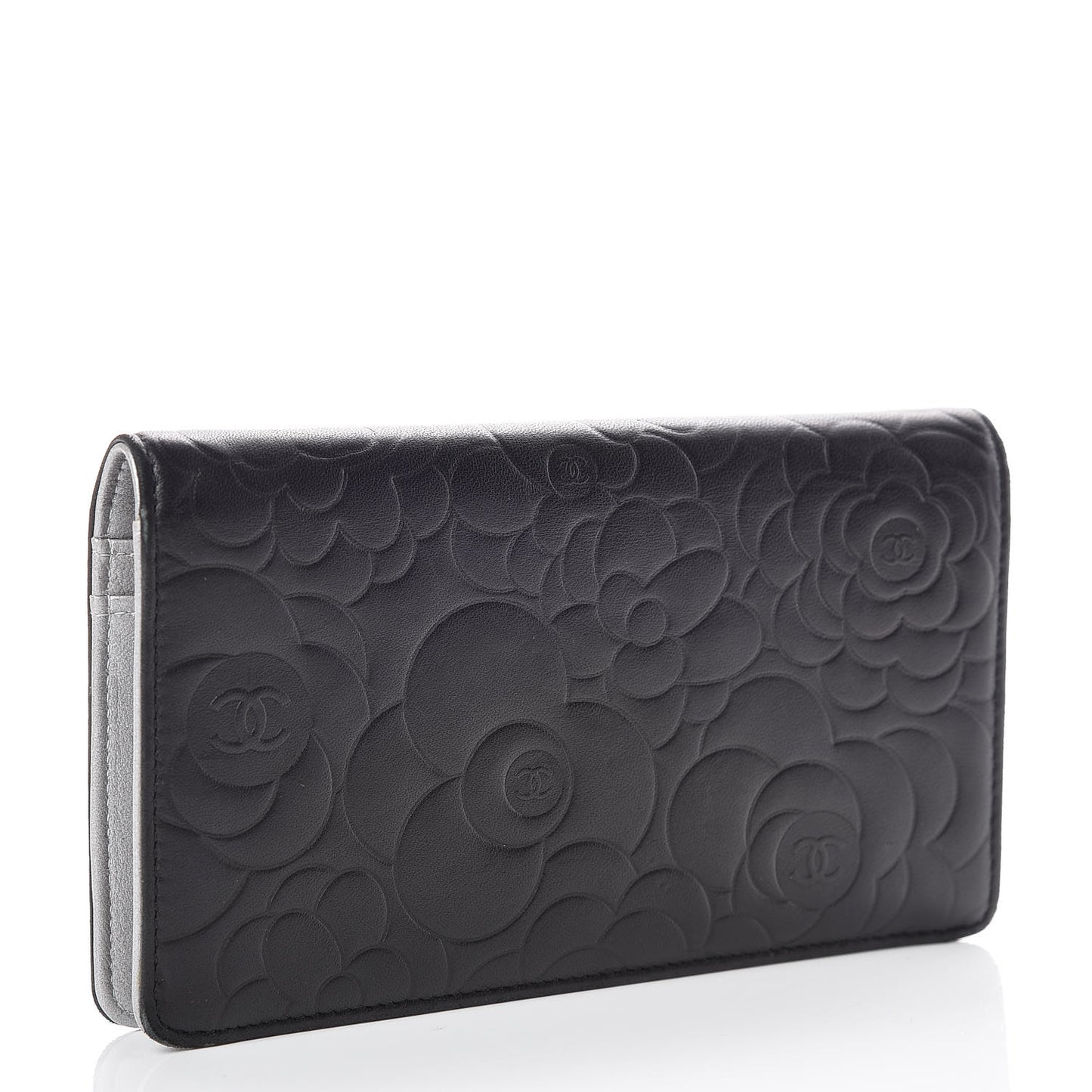 Lambskin Camellia Embossed Yen Wallet Black