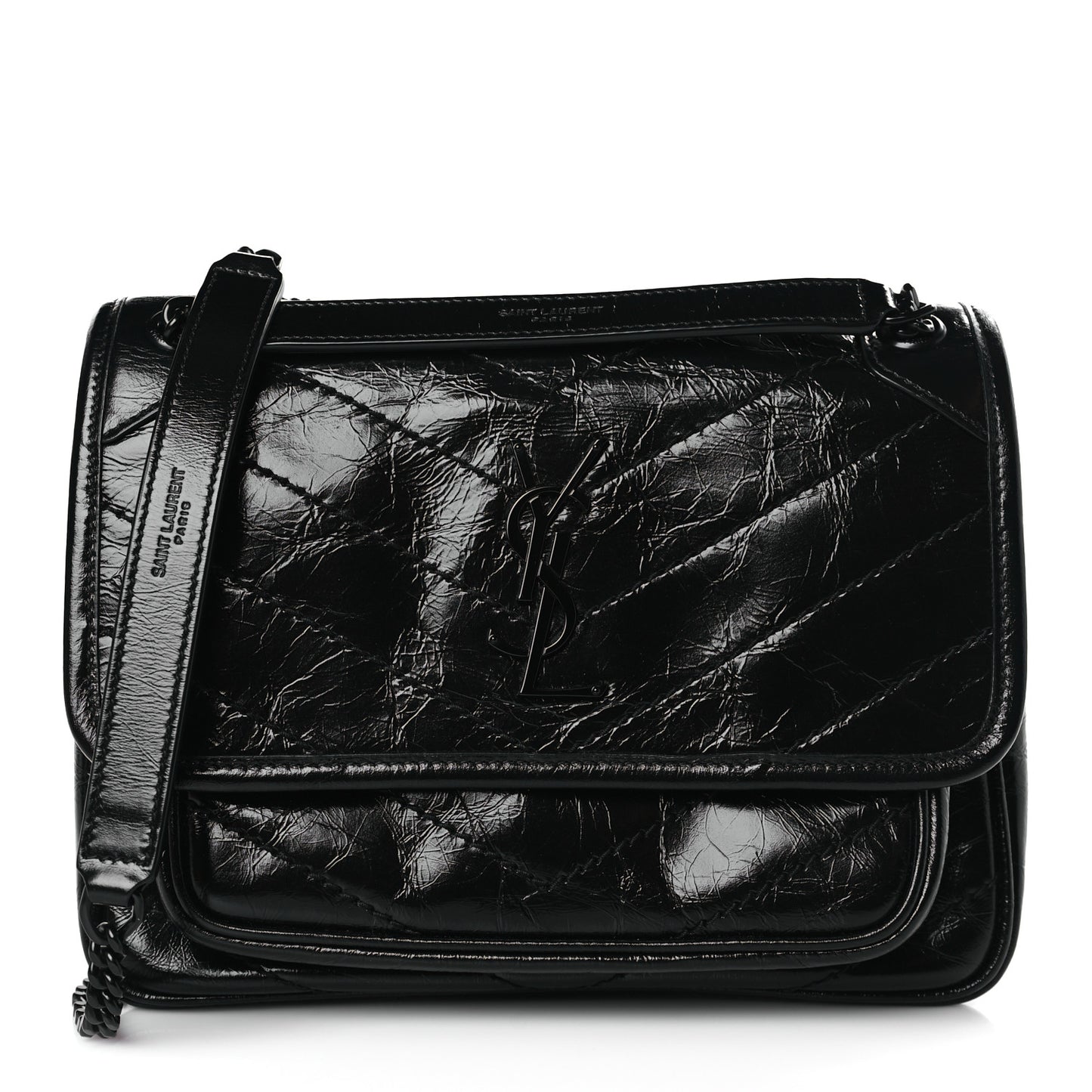 Crinkled Lambskin Matelasse Monogram Baby Niki Chain Satchel Black