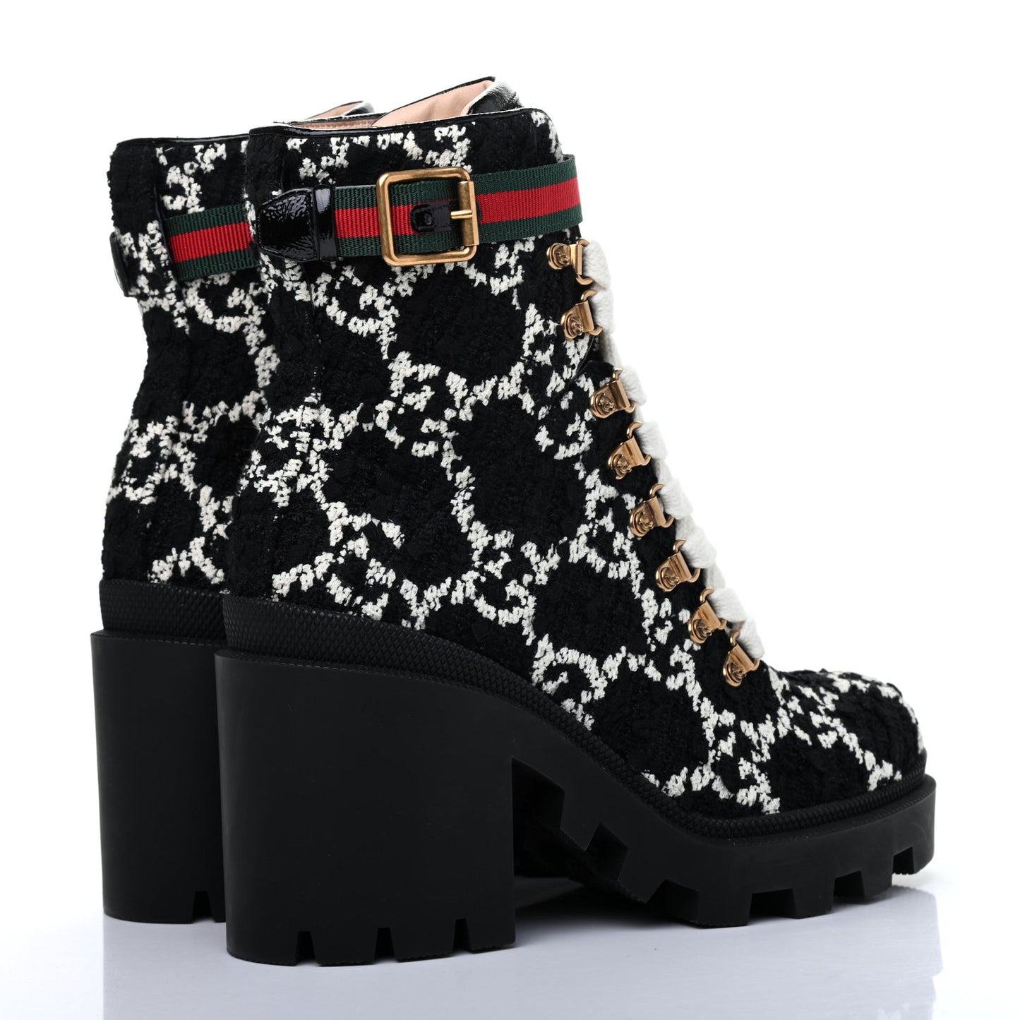 Tweed GG Monogram Lace Up Combat Ankle Boots 37 Black