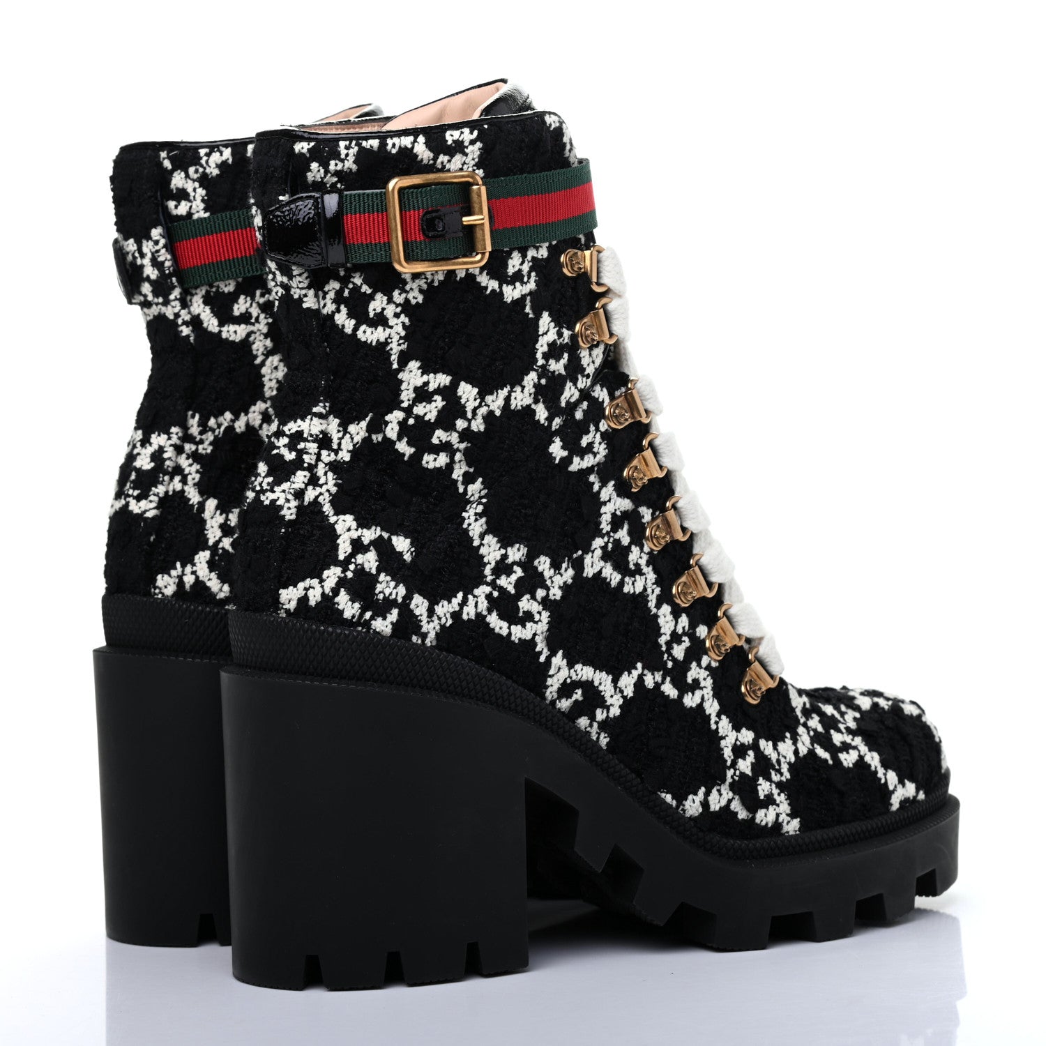 Gucci Tweed GG Monogram Lace Up Combat Ankle Boots 37 Black 4 of 9