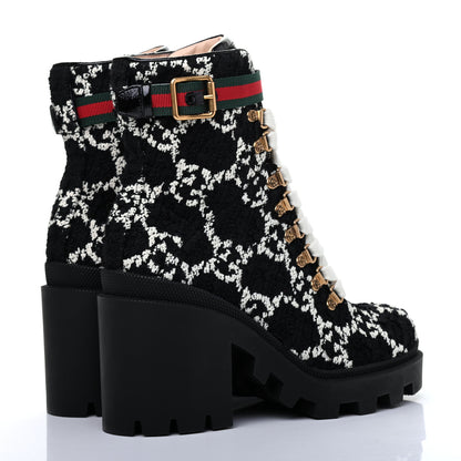 Gucci Tweed GG Monogram Lace Up Combat Ankle Boots 37 Black 4 of 9