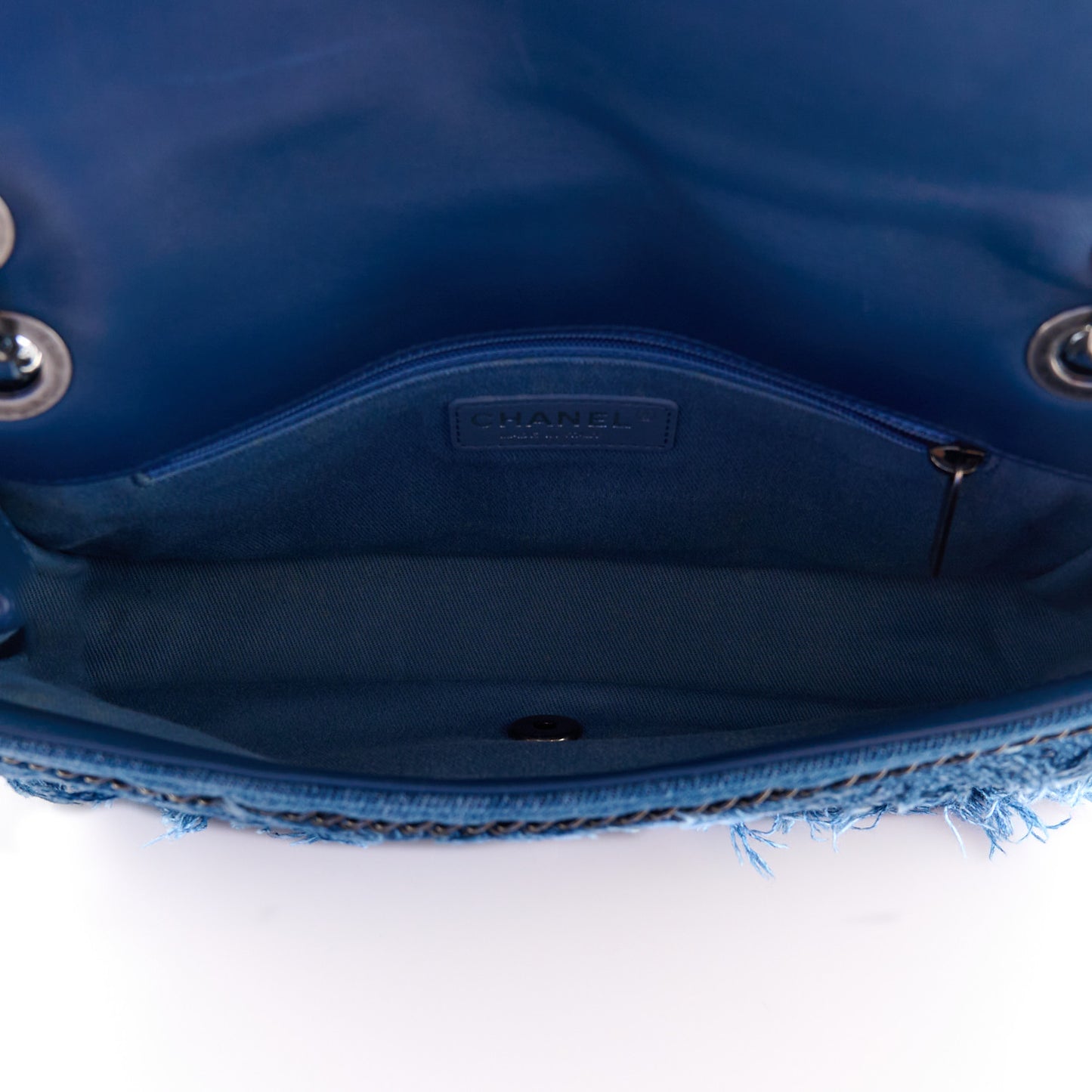 Calfskin Denim Paris Dubai Fringe Chains Small Flap Blue