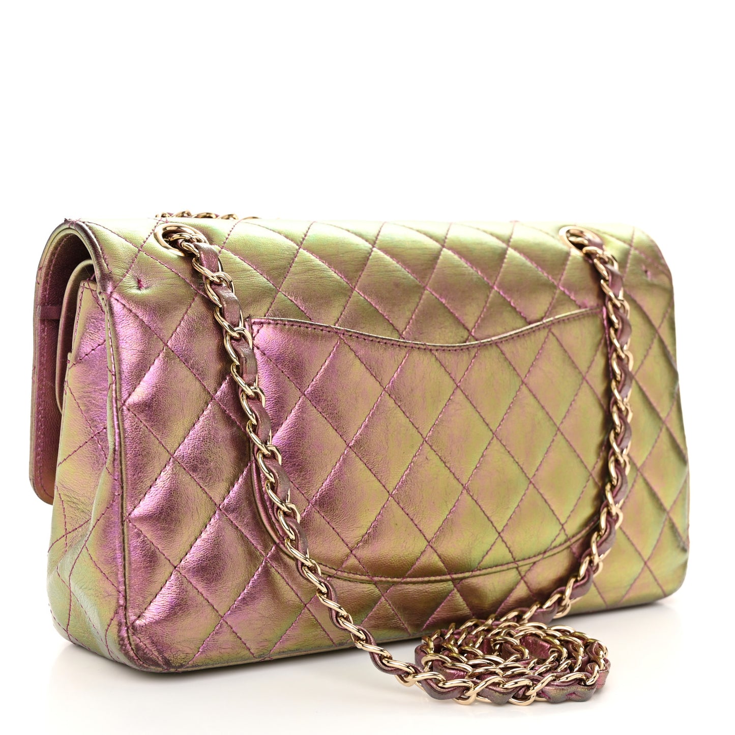 Iridescent Lambskin Quilted Medium Double Flap Purple