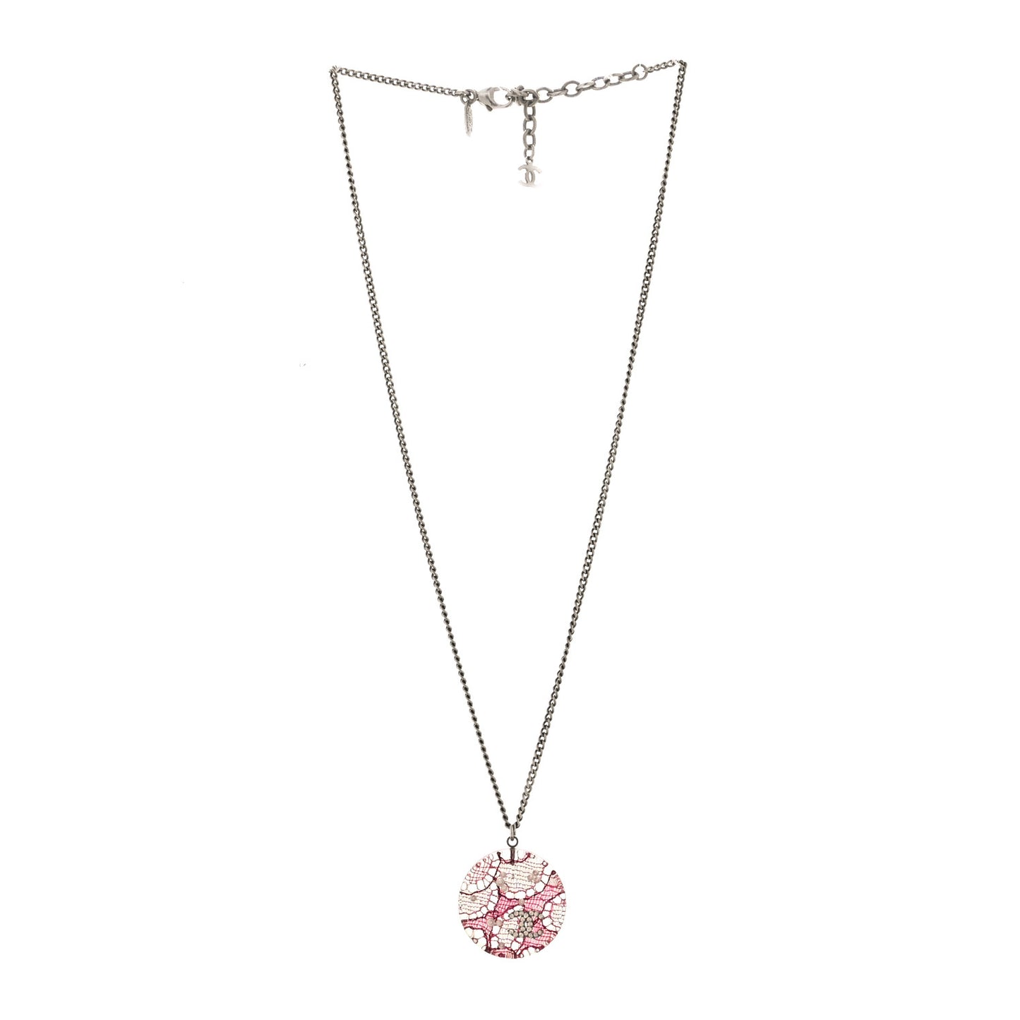Resin Crystal Pearl Lace CC Necklace Silver Pink