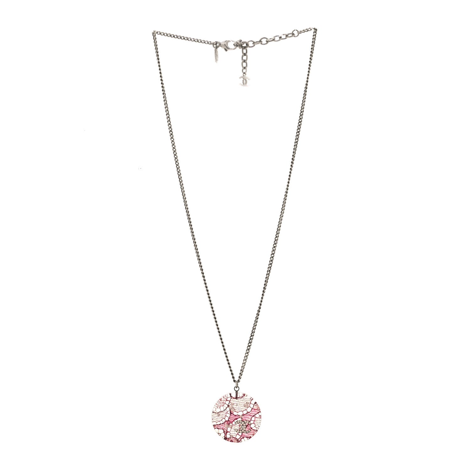 Chanel Resin Crystal Pearl Lace CC Necklace Silver Pink 2 of 4