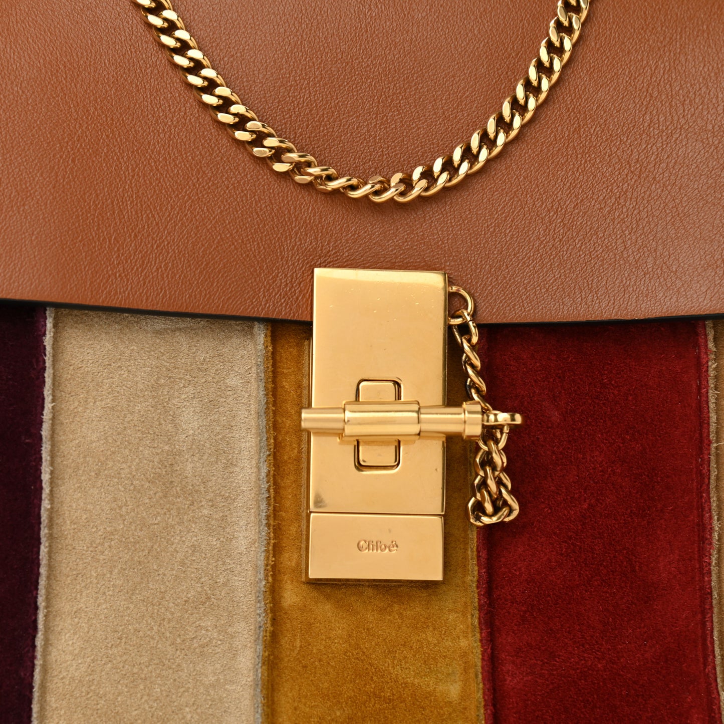 Smooth Calfskin Suede Striped Patchwork Drew Shoulder Bag Caramel