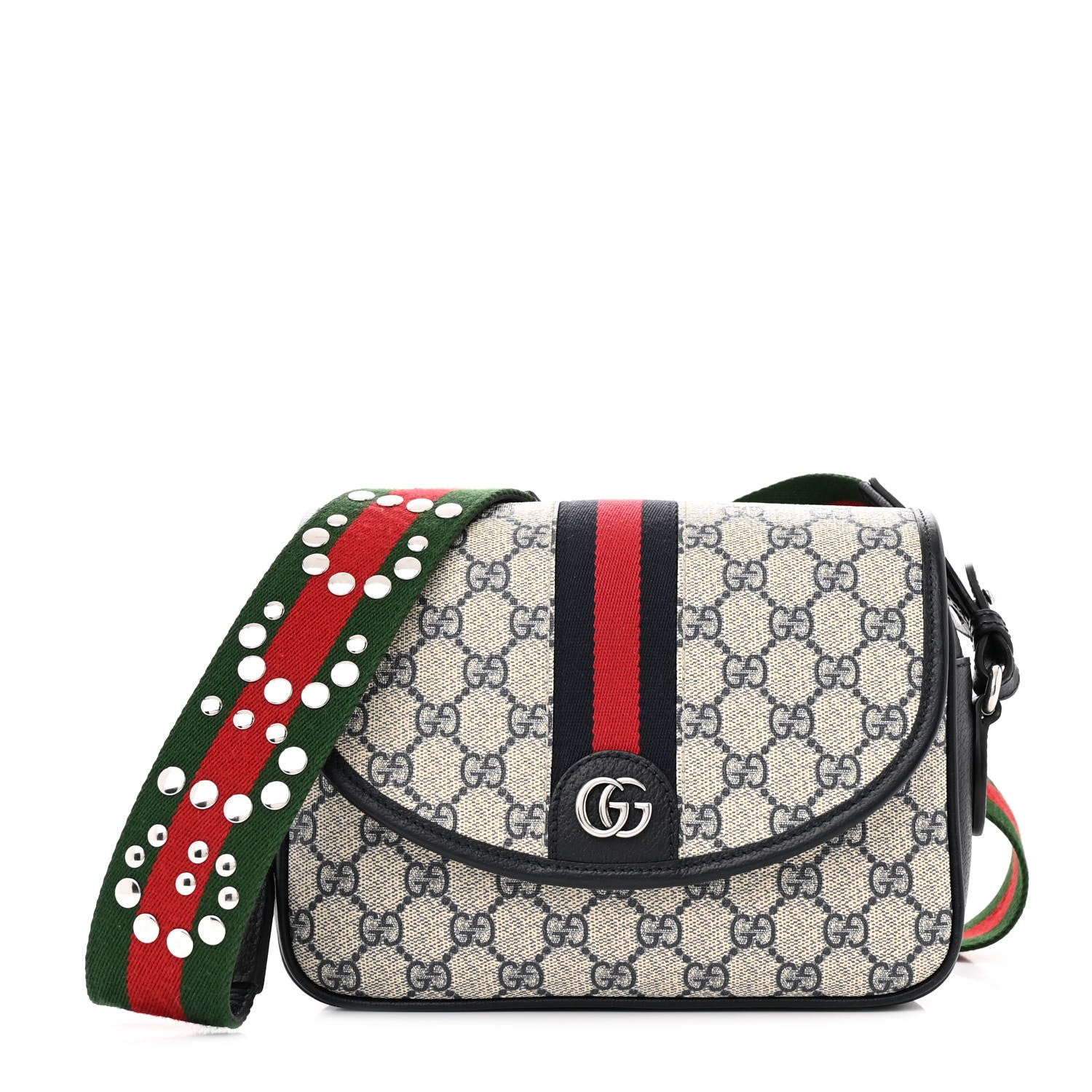 Gucci GG Supreme Monogram Textured Dollar Calfskin Web Studded Mini Ophidia Flap Shoulder Bag Beige Blue 1 of 11