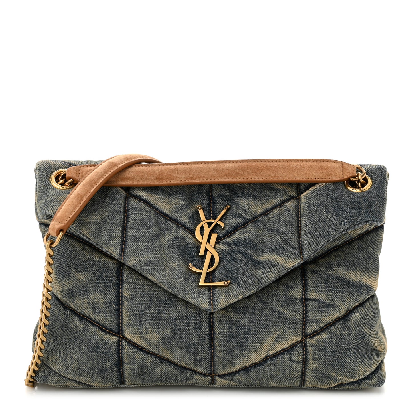Denim Quilted Small Loulou Puffer Monogram Chain Satchel Rodeo Blue Cinnamon