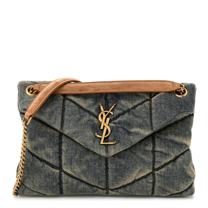 Saint Laurent Denim Quilted Small Loulou Puffer Monogram Chain Satchel Rodeo Blue Cinnamon 1 of 10